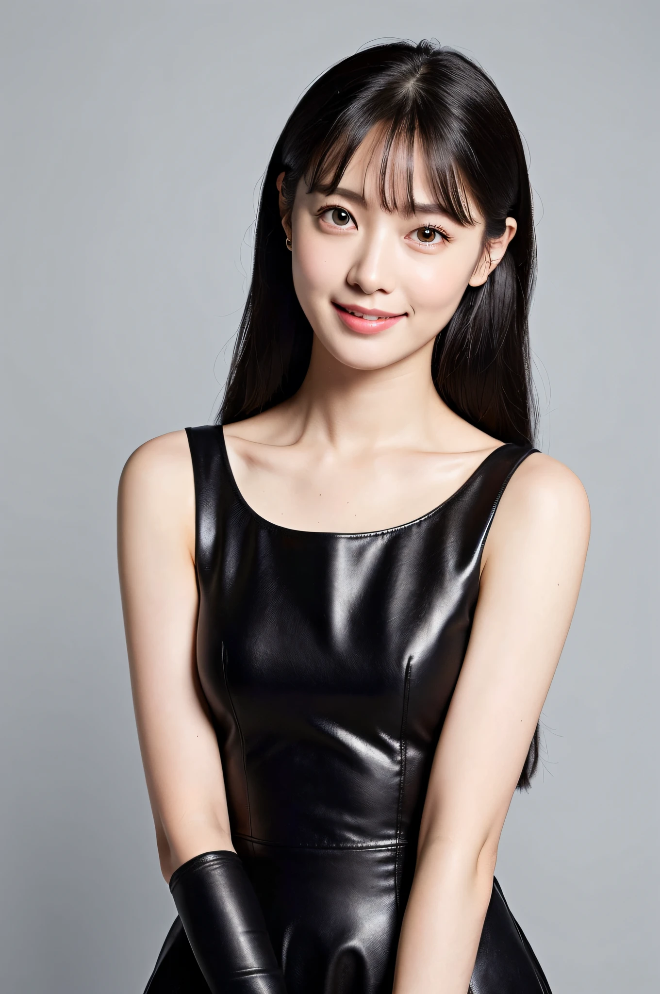 (8K, top quality, masterpiece, super high definition: 1.2) photo dev malatina, brunette, semi-long hair, big eyes, (detailed_face), wide smile, black dress with shoulders, head to knee angle, white background, Japan woman, bangs, standing,