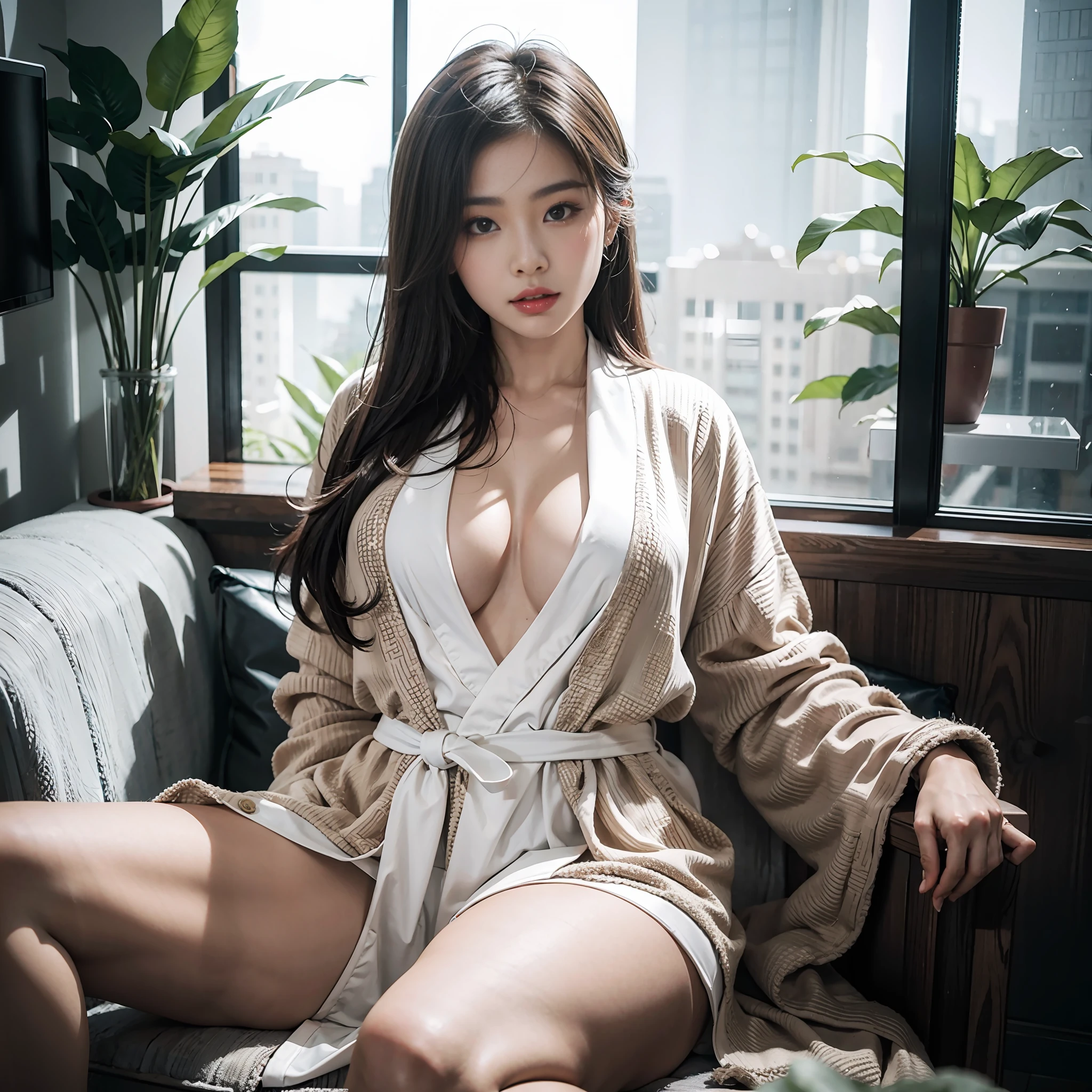 Sexy asian beauty, dressing gown, sitting, spreading legs,