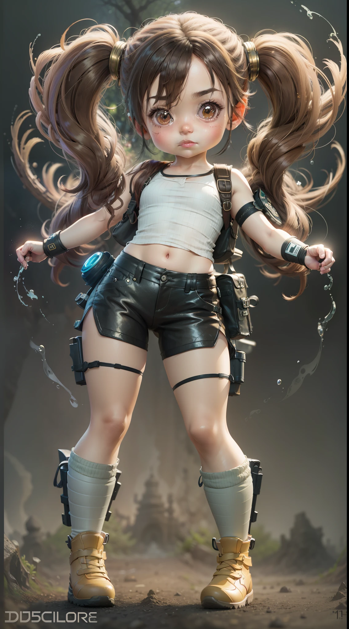 ((best quality)), ((ultradetailed)), ((masterpiece)), Super cute girl's full body 3D art Lara Croft, 1girl, pretty eyes, big eyes, cute, happy solid color background, chibi, fluorescent translucent, glowing body, kawaii, expression pose, Pixar, intricate detail, 3d rendering, blender, OC renderer, sheet reference full body, dribble, high detail, 8k, studio lighting, loli, petite, child, chibi , character SD:1.1, 4K