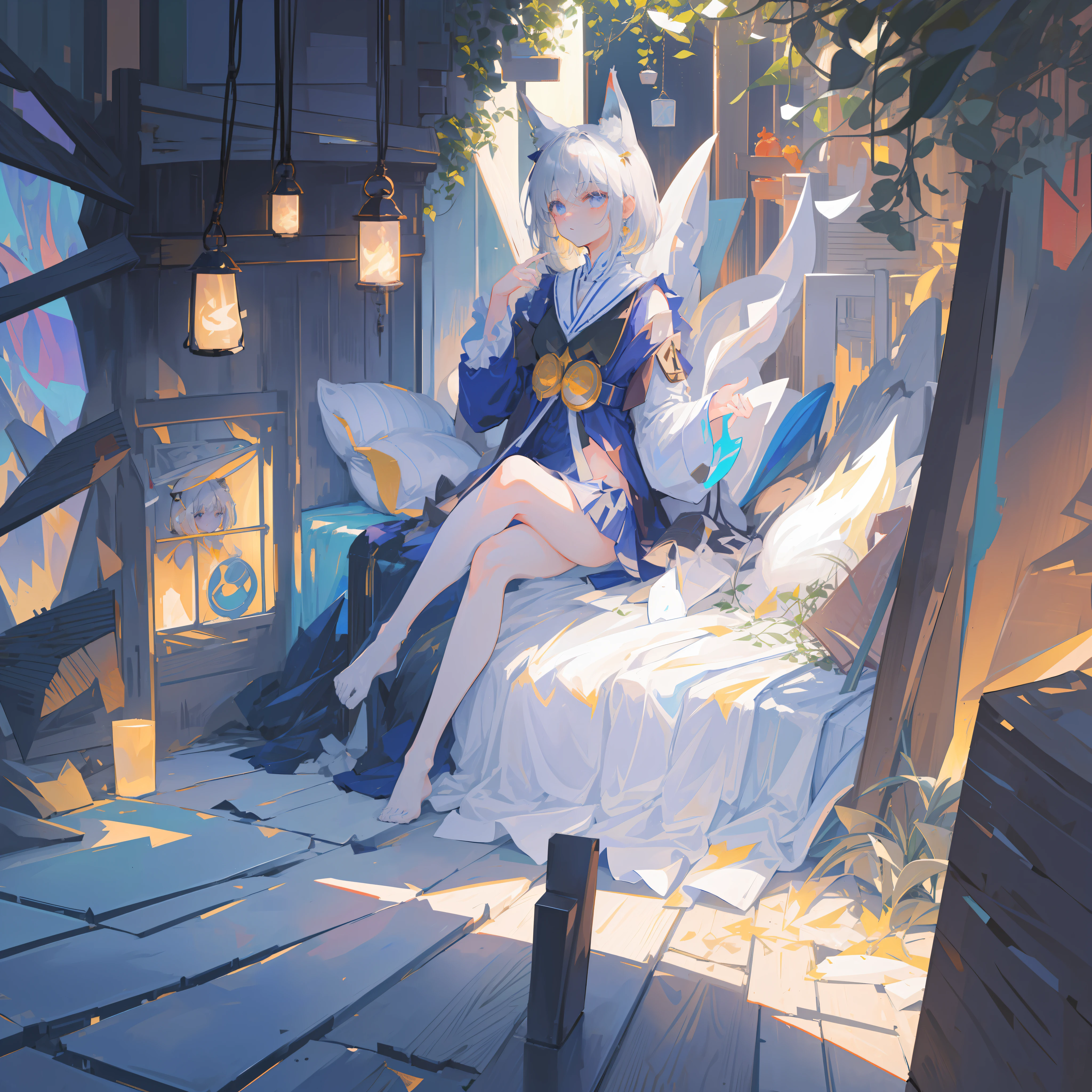 ((masterpiece)),((best quality)),(ultra-detailed),((extremely detailed body)),HDR,ray tracing,(art of light novel:1.1),close up,
1girl,solo,full body,Bed,fox ears,Perfect female body,short and medium hair,Silver hair,Stud earrings,expressionless,Seriously,Pajamas,