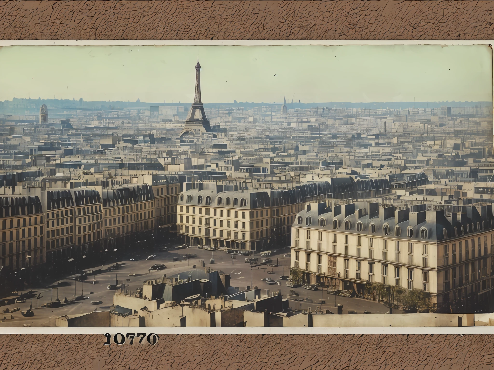 1970 Paris landscape photo, old postcard, nostalgic, vintage, old faded color photo, realistic photo, high quality,