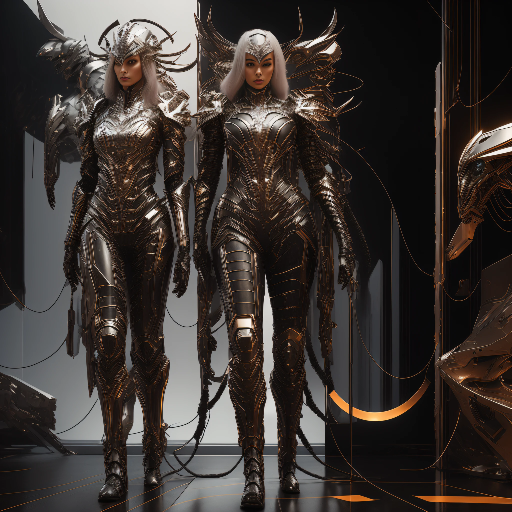 two women in futuristic costumes standing in a dark room, beautiful sci - fi twins, cgsociety 8k, cgsociety 8 k, cgsociety 8k, cgsociety 9, trending in cgsociety, stunning cgsociety, wearing witchblade armor, wearing futuristic armor, 3 d render character art 8 k, cgsociety contest winner, cgsociety concept art, machine elves