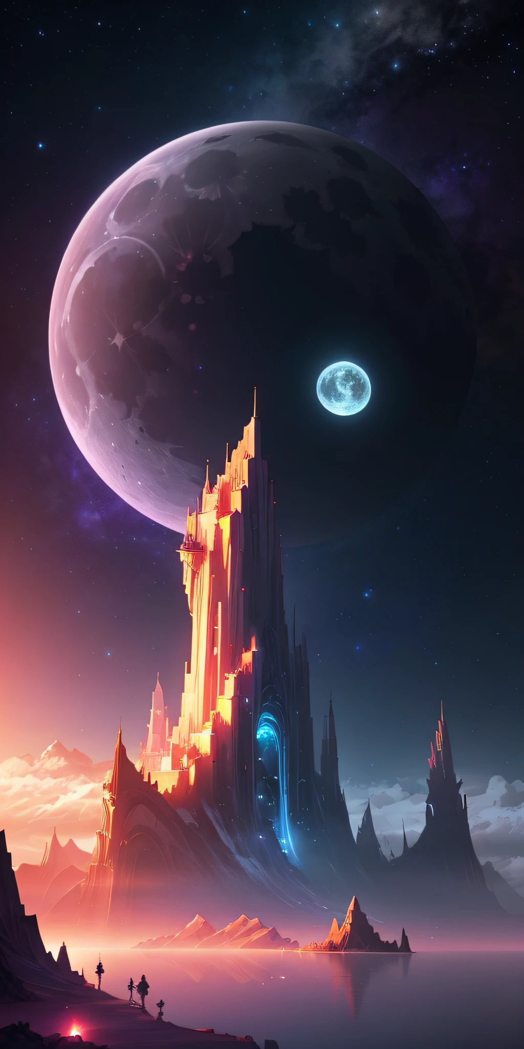 Beautiful iPhone wallpaper, fantasy space, calm night, rose and moon in the sky above the ocean. 4k highly detailed digital art, fantastic digital painting. Epic, dreamlike fantasy landscape, inspired by the style of Cyril Rolando, Cyril Rolando. Fantasy backgrounds, digital illustrations, background artwork, amazing wallpapers.
