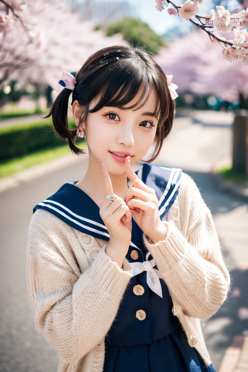 (masterpiece), (portrait), (aesthetic), (beautiful), (upper blody), (high quality), (aesthetic clothings), (professional angle), (rule of thirds), (Feminine), (woman), (female), (beautiful),(feminine features), (28 years), solo, 1 woman, (attractive Japanese), Spring, Natural light, (Cute), Fresh Makeup, (Petite bust), (()), (Angle face), (Playful expression), ((Excited)), Hair Clips, Ear Piercing, ((Short hair)), (Black hair), (Pigtails hair), (Straight hair), Shiny shine hair, (Ribbons in hair), (Brown eyes), (Kawaii look), (Fair skin), (Pastel Colors clothing), (Sailor Dress), (Cardigan), (Skirt), Peter Pan neckline), ((Cherry Blossoms background)), (- in background), (Close-up shot), beautiful hands, two hands, normal hands, two arms, complete hands, beautiful body, beautiful fingers, normal fingers, five fingers, five fingers, (Thumb index meddle ring little fingers), beautiful ears, normal ears, beautiful eyes, shiny eyes, beautiful mouth, beautiful lips,