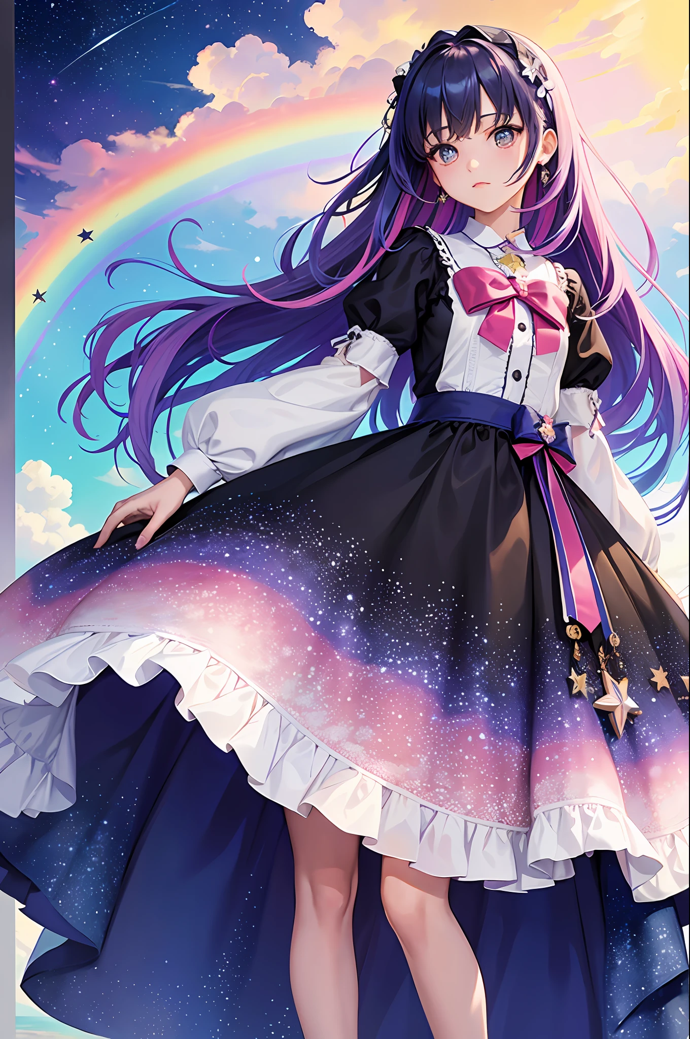(Masterpiece, Top Quality, Best Quality, Watercolor (Medium), Official Art, Beauty and Aesthetics: 1.2), (1girl: 1.2), Full Body, Looking from the Side, Looking at the Viewer, Pattern, (Rainbow Hair, Colored Hair, Pink Gradient Hair: 1.2), Water, Liquid, Clouds, Colorful, Starry, Stars, Stockings, Lolita Shoes, Bow Clip;