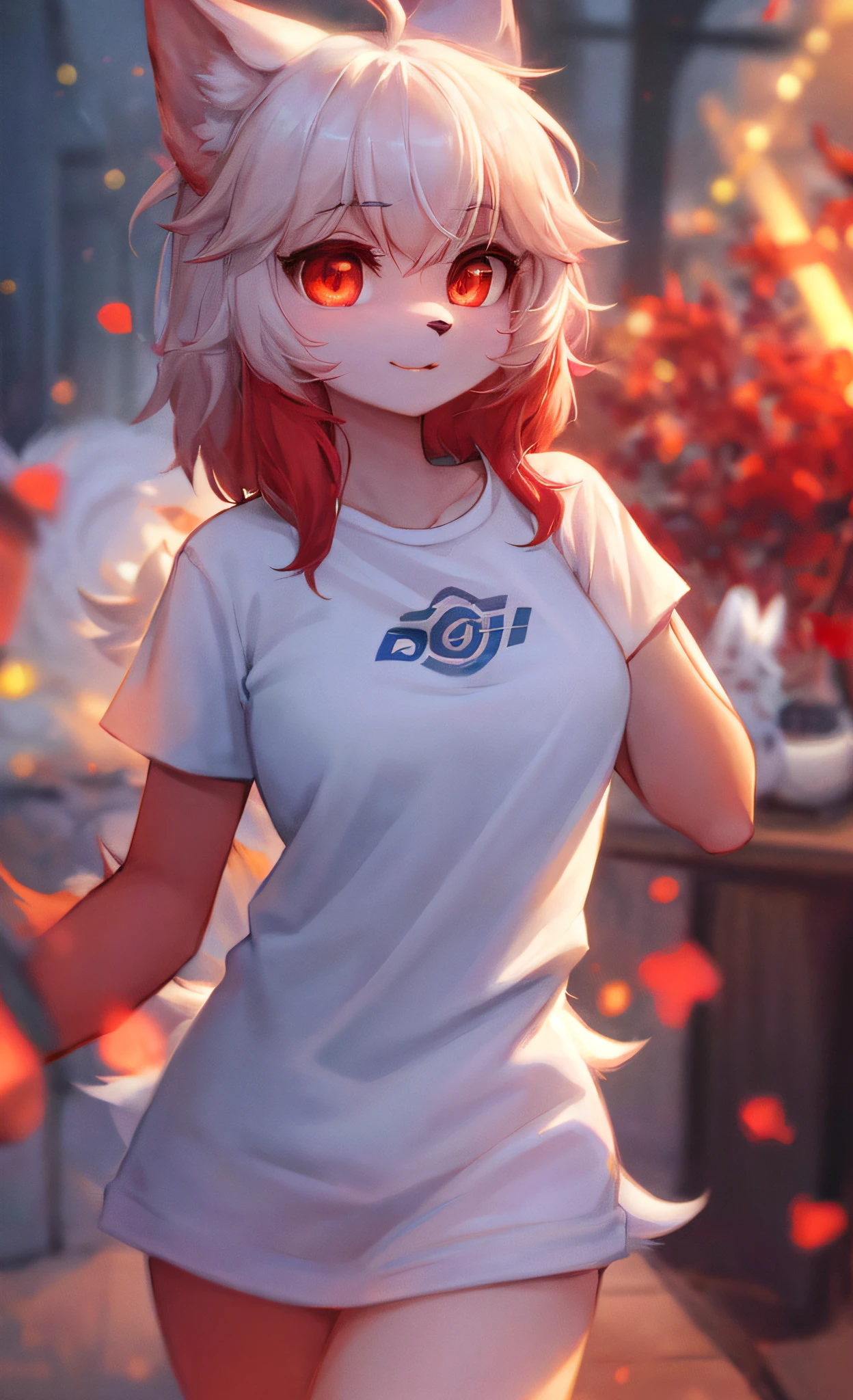 Fluffy, white fur, cute face, red elements on fur, glowing t-shirt, beautiful lights and shadows, ambient light, super fine fur, volumetric light, lying on your stomach