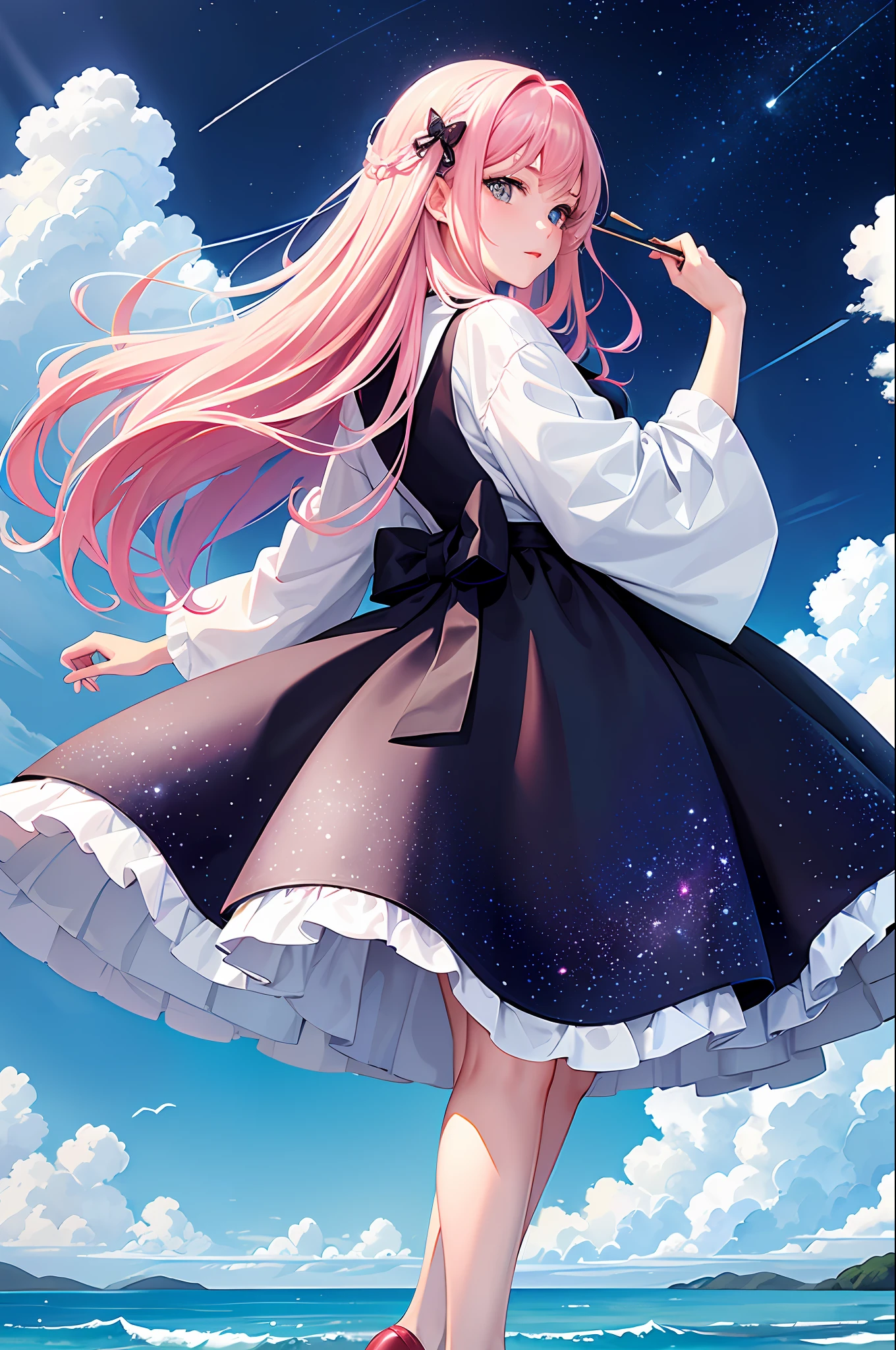 (Masterpiece, Top Quality, Best Quality, Watercolor (Medium), Official Art, Beauty and Aesthetics: 1.2), (1girl: 1.2), Full Body, Looking from the Side, Looking at the Viewer, Pattern, (Rainbow Hair, Colored Hair, Pink Gradient Hair: 1.2), Water, Liquid, Clouds, Colorful, Starry, Stars, Stockings, ta Shoes, Bow Clip;