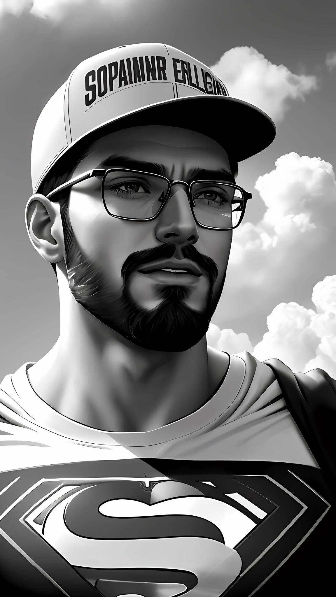 poster superman young square face wearing baseball cap,with beard, wearing glasses ray ban aviator half grade metal frame transparent lenses, exudes confidence and joy in the look,best quality photography, in the background a sky full of clouds, soft lighting, soft details, octane, artstation trend, ultra high detail, ultra realistic, cinematic, masterpiece