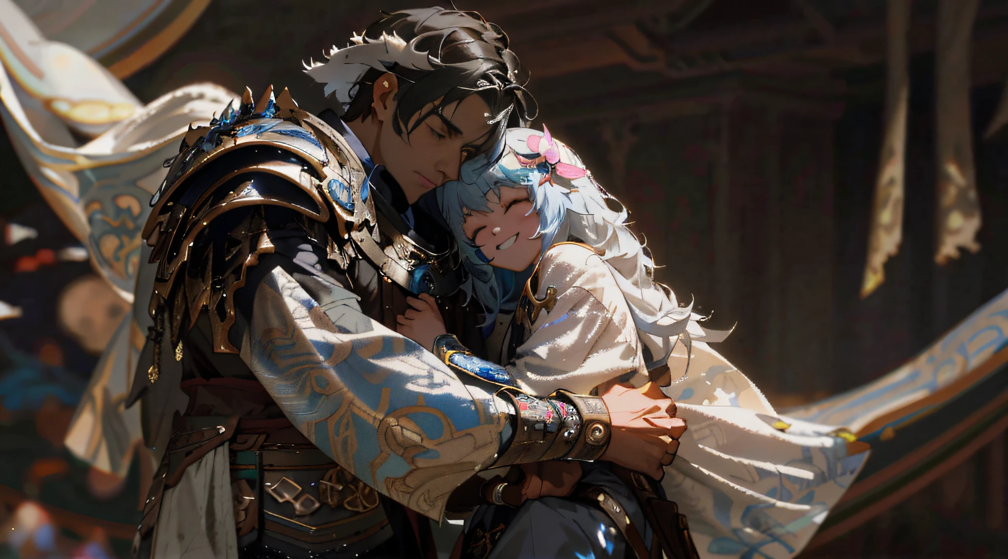 Alafard man in armor holding a child in a scene from the movie Chronicles, WLOP and Sakimichan, Ross Tran and WLOP, Guweiz-style artwork, WLOP and Ross Tran, Sakimichan and Frank Franzzeta, Ross Tran 8 K, fantasy style 8 K octane rendering, Guweiz, little girl smiling, epic fantasy art, The man wears a helmet and the man opens his eyes
