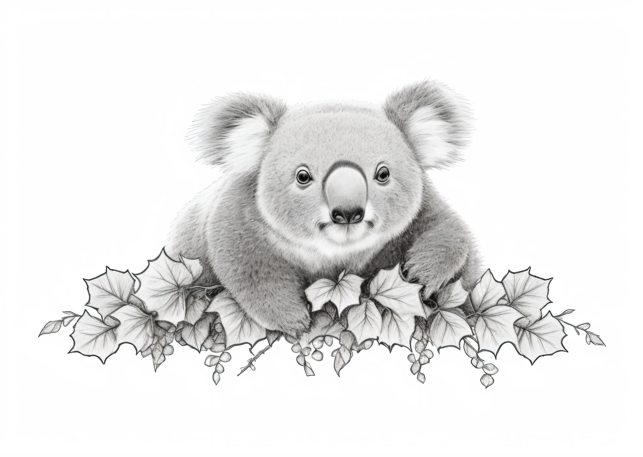 there is a drawing of a koala bear sitting on a pile of leaves, koala, australia intricate, official illustration, wildlife drawing, wildlife illustration, 1024x1024, highly detailed linework, by Elizabeth Durack, eucalyptus, amongst foliage, in australia, perfect pen and ink line art, high quality sketch, high quality sketch art --auto --s2