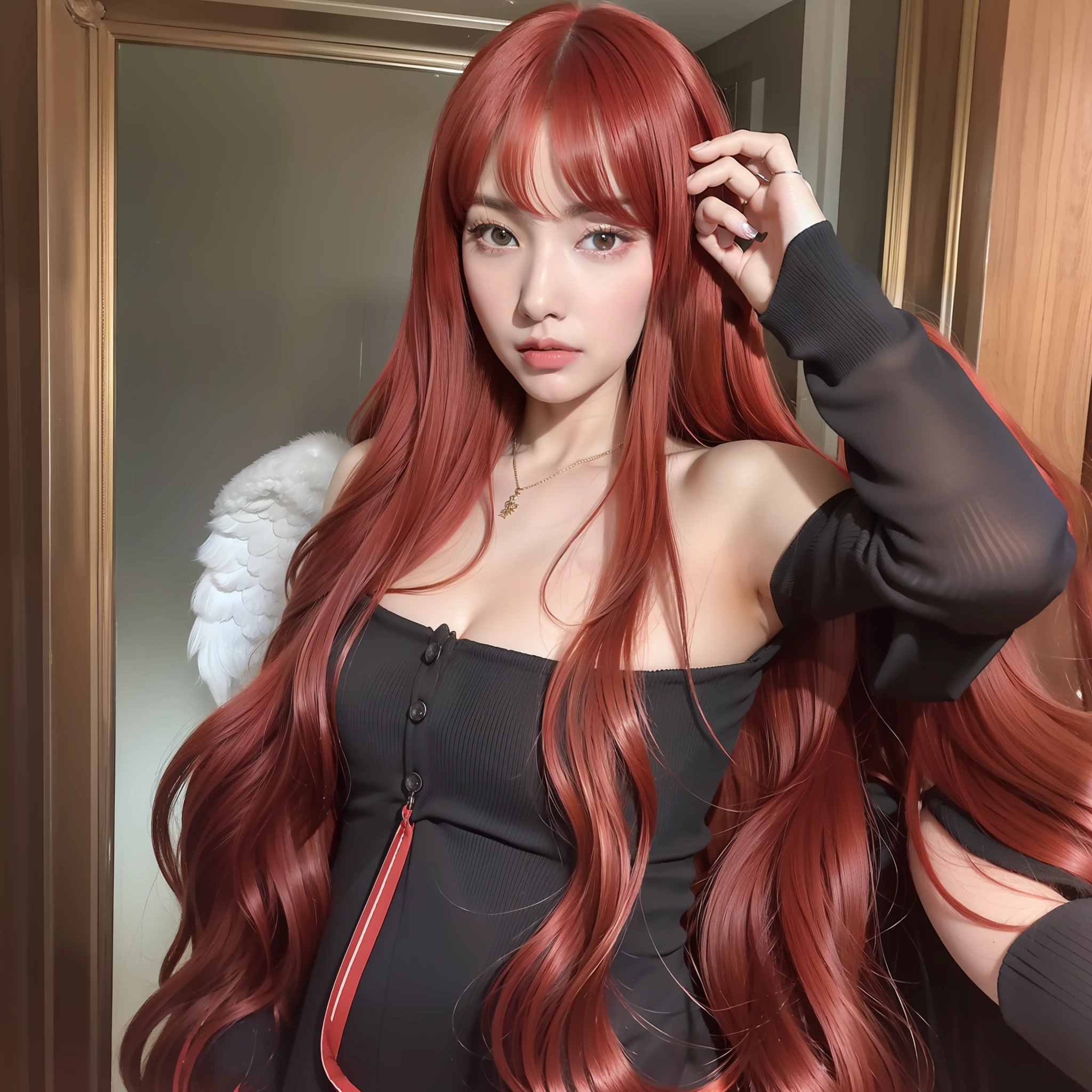 photo raw, Araffe woman taking a selfie in a mirror with a camera, with angel wings of black color Red wig, with long red hair, long red hair, long red hair, with red hair, hair dyed red, long loose red hair, goddess of red hair, red hair, very long flowing red hair, with curly red hair, bright long red hair, straight long red hair