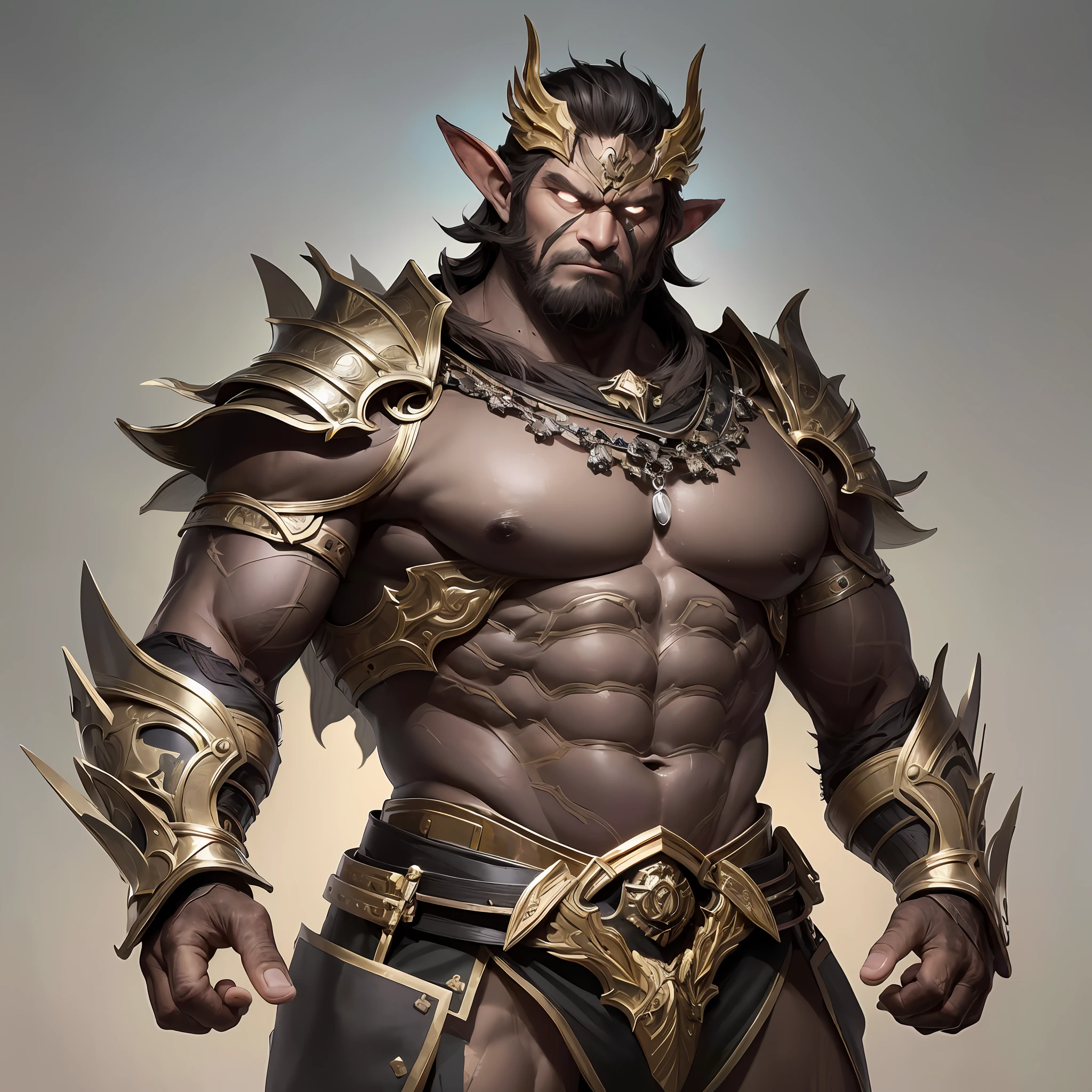 Draw a tank character with short stature and impressive robustness, combining humanoid and animal characteristics. The character possesses a compact and muscular body, conveying an imposing presence despite his smaller stature. His face possesses strong and determined human features, with a subtle aura of wisdom and divinity, but also with a slight rustic appearance.
The character has pointed ears, similar to those of a wild animal, adding a unique touch to his appearance and suggesting a connection to nature and a primal side. His eyes are intense and expressive, with a divine brilliance that reflects his wisdom and ferocity.
The most striking feature of the character is the large amount of hair that covers part of his body. The hairs can vary in dark shades, such as deep brown or black, evoking a sense of wild nature. They are dense and thick, giving them an imposing appearance and providing additional protection. Some hairs may have a more rustic texture, giving a wilder look to the character.
Their hands and feet are equipped with pointed, short, sturdy claws/nails. These claws are sharp and powerful, capable of tearing through your opponents' armor and dealing significant damage.
To ensure their protection, the character wears heavy armor made of metal, specially designed to maximize defense and mobility in combat. The armor has ornate and closed details on the abdomen, but with a more rustic finish, such as irregular carvings or imperfections that denote a connection with nature and an ancestral origin.
The character emanates a subtle aura of divinity, conveying a sense of strength, grandeur and a rustic, earthy essence. His posture is solid and confident, reflecting his ability to resist powerful attacks and protect his allies. He is a loyal protector, willing to fight to the end to ensure the safety of those who are by his side.