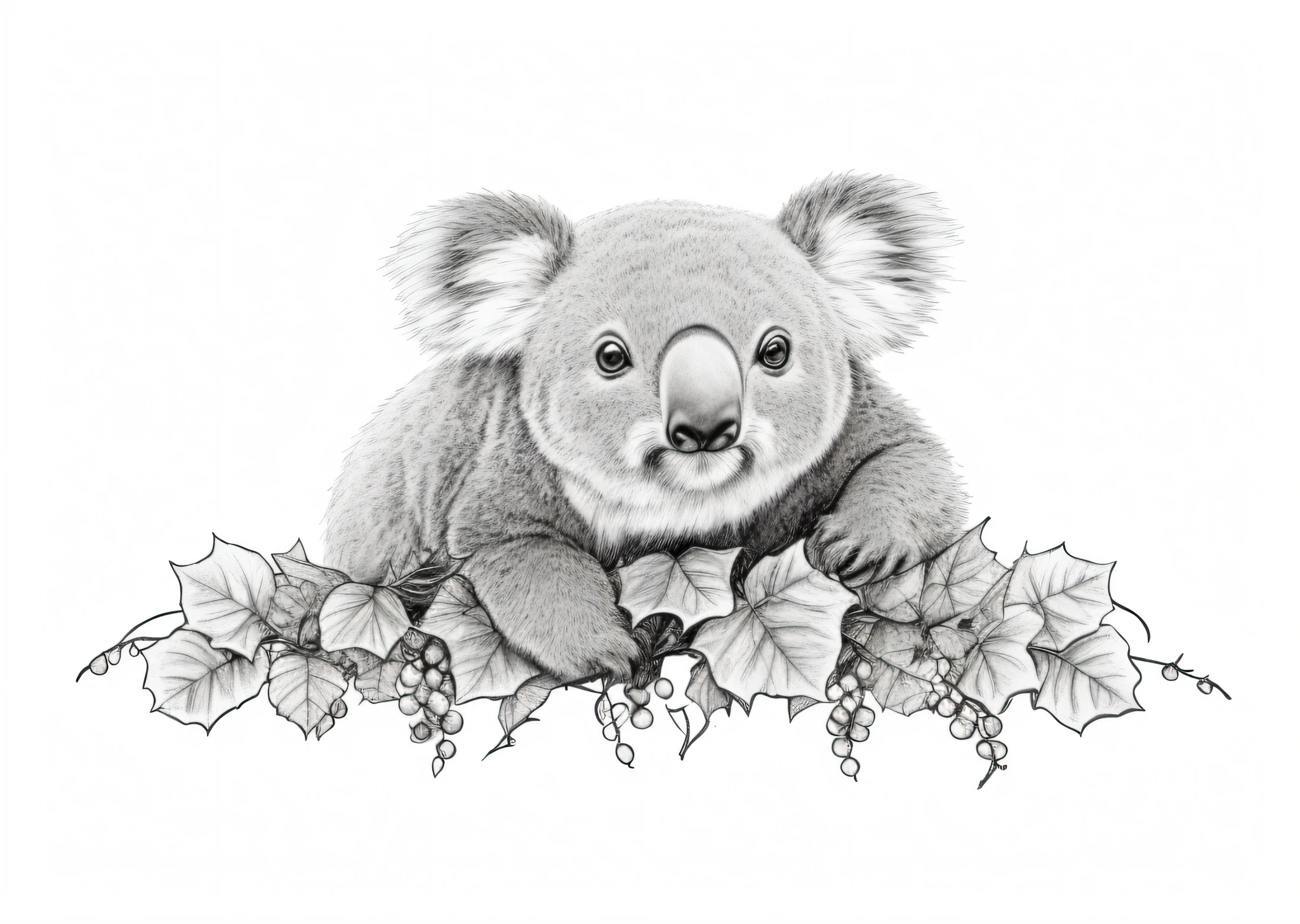 there is a drawing of a koala bear sitting on a pile of leaves, koala, australia intricate, official illustration, wildlife drawing, wildlife illustration, 1024x1024, highly detailed linework, by Elizabeth Durack, eucalyptus, amongst foliage, in australia, perfect pen and ink line art, high quality sketch, high quality sketch art --auto --s2