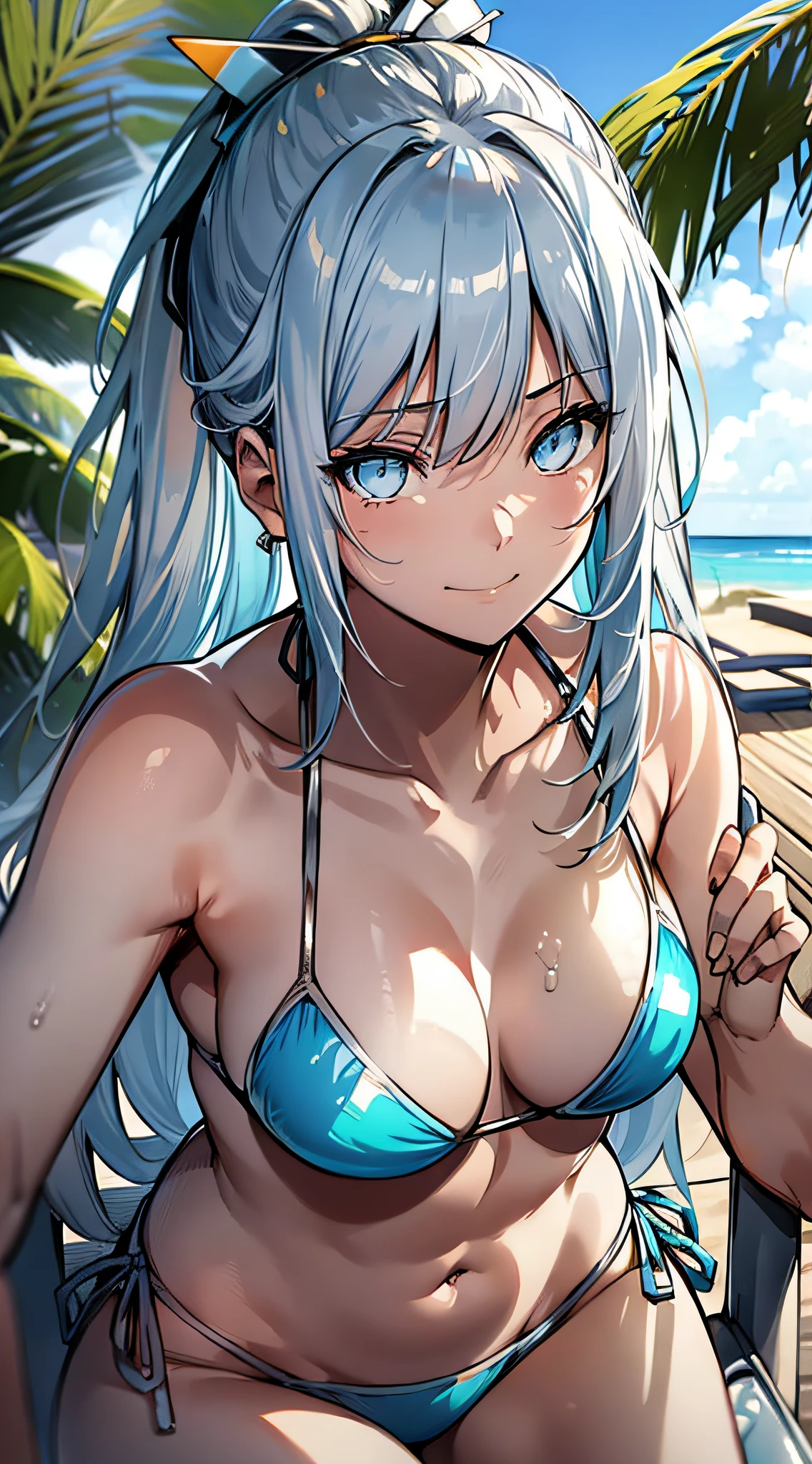 ((masterpiece)),((squat)),(Drink tropical juice sitting on a white beach chair),((metallic blue bikini)),1girl, long hair, ponytail, (silver hair),sad smile, aqua eyes, small breasts,15 years old,noon,Light of the sun,seaside,fantastic sky