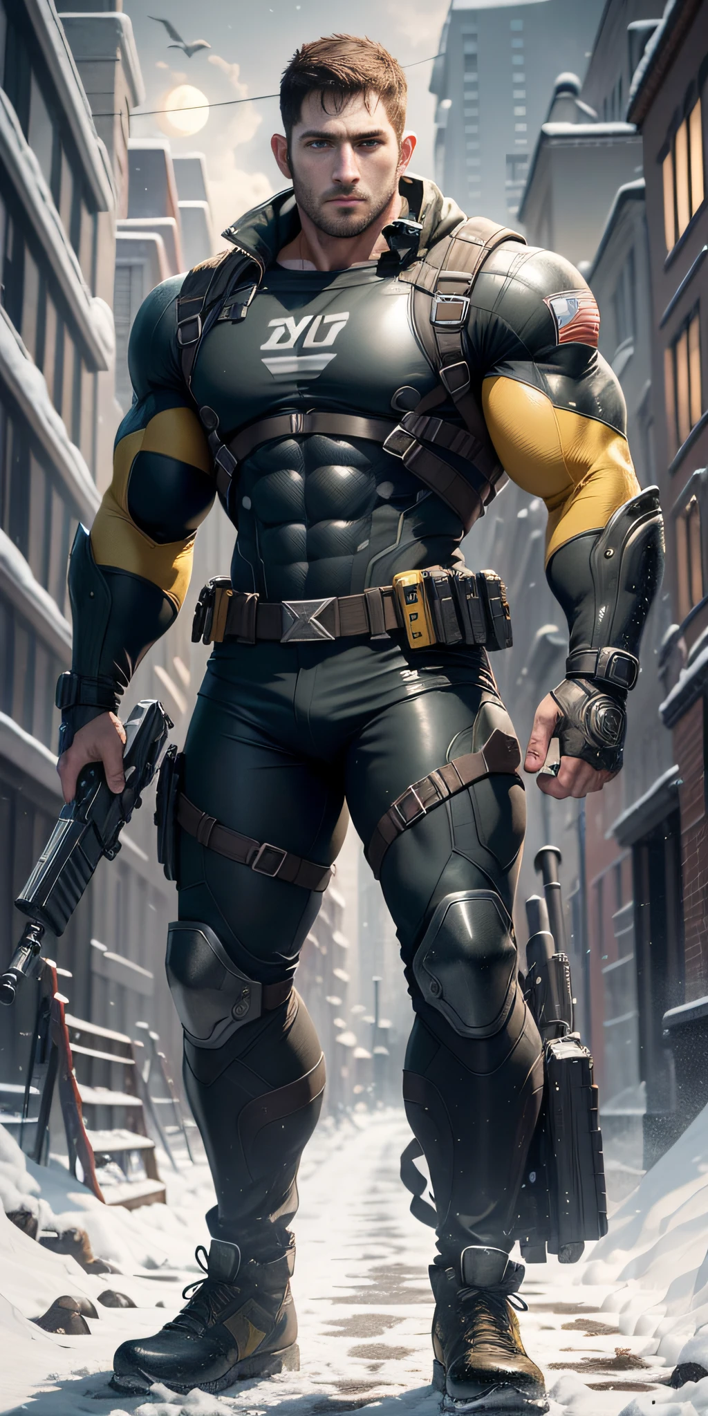 Movie poster, full body, character design (Resident Evil - Chris Redfield, Chris Redfield) wearing a yellow-black combat suit, standing alone on the snowy street, with a sad expression, deep and charming eyes, emerald-like pupils, muscle male heroes, heroic male poses, tall and burly, muscular! Sexy charming developed leg muscles, tall and burly, yellow-black combat suit, super buff and cool, high resolution committee, beige cream white combat boots, attractive strong male, bright moonlight on the body, lonely
