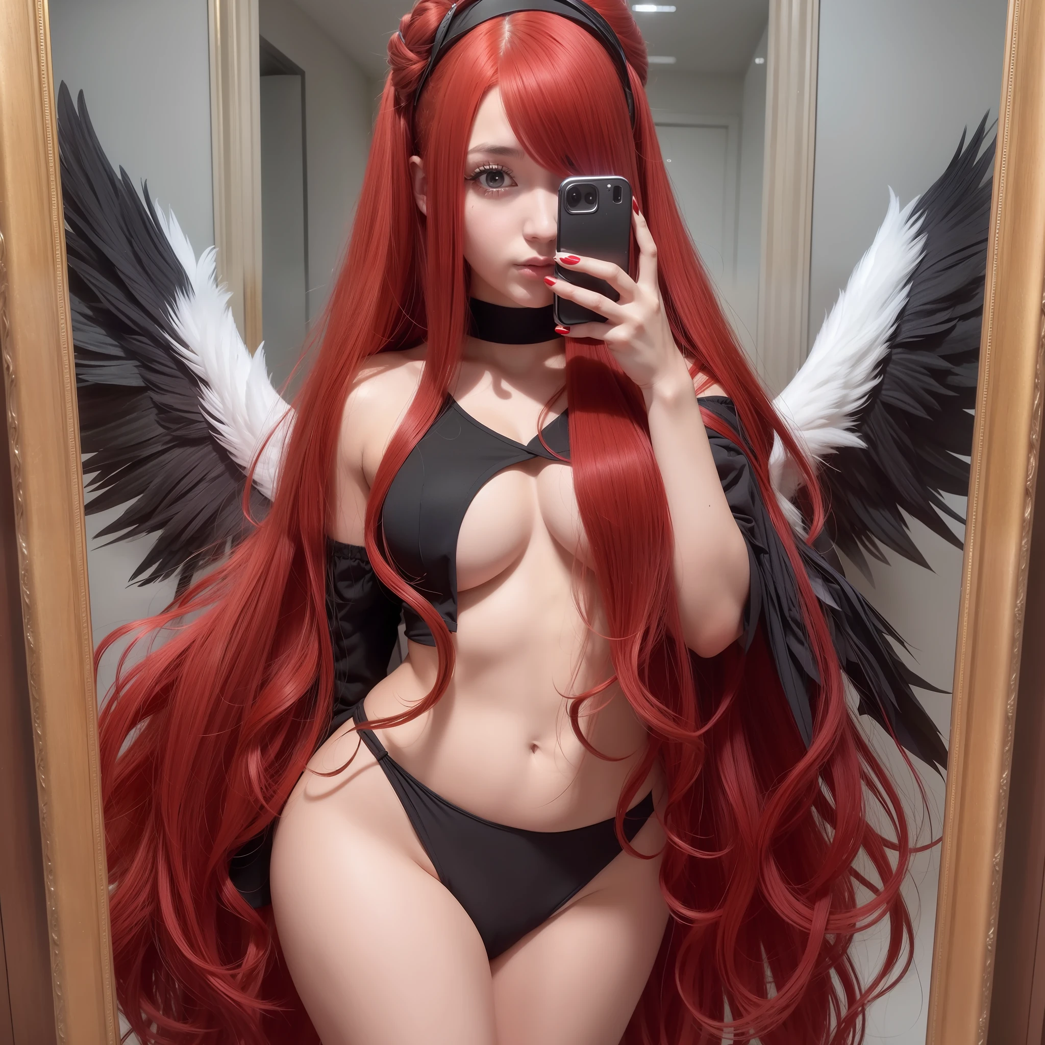 photo raw, Araffe woman taking a selfie in a mirror with a camera, with angel wings of black color Red wig, with long red hair, long red hair, long red hair, with red hair, hair dyed red, long loose red hair, goddess of red hair, red hair, very long flowing red hair, with curly red hair, bright long red hair, straight long red hair