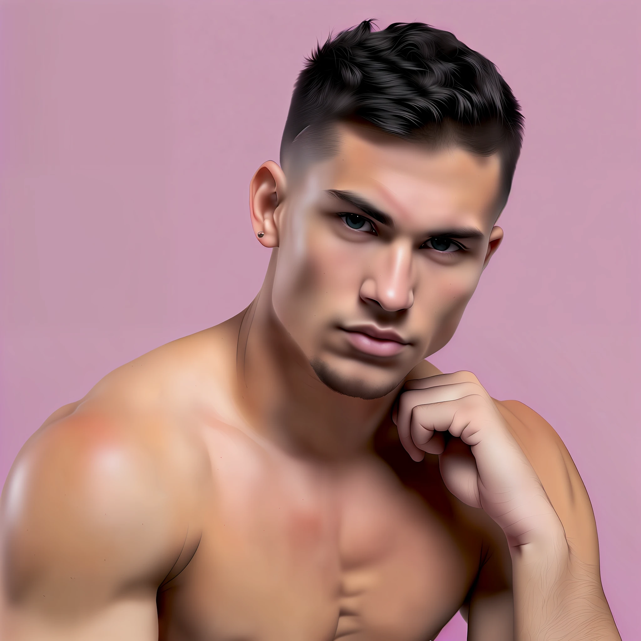 Young man posing, gorgeous, muscular, black-eyed, shirtless, short dark hair undercut cut style disconnected, on a white background, black crown on his head, pink details