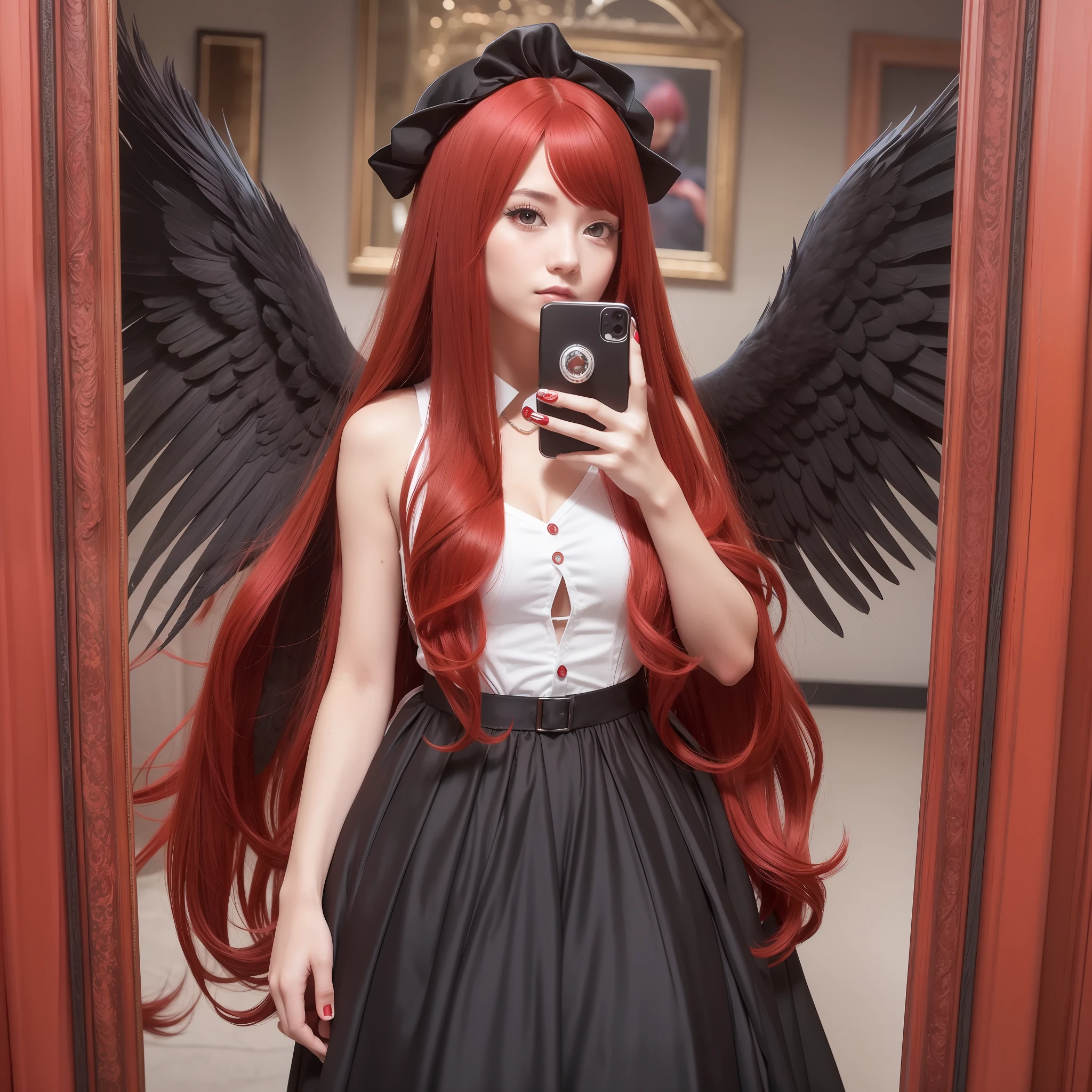 photo raw, Araffe woman taking a selfie in a mirror with a camera, with angel wings of black color Red wig, with long red hair, long red hair, long red hair, with red hair, hair dyed red, long loose red hair, goddess of red hair, red hair, very long flowing red hair, with curly red hair, bright long red hair, straight long red hair