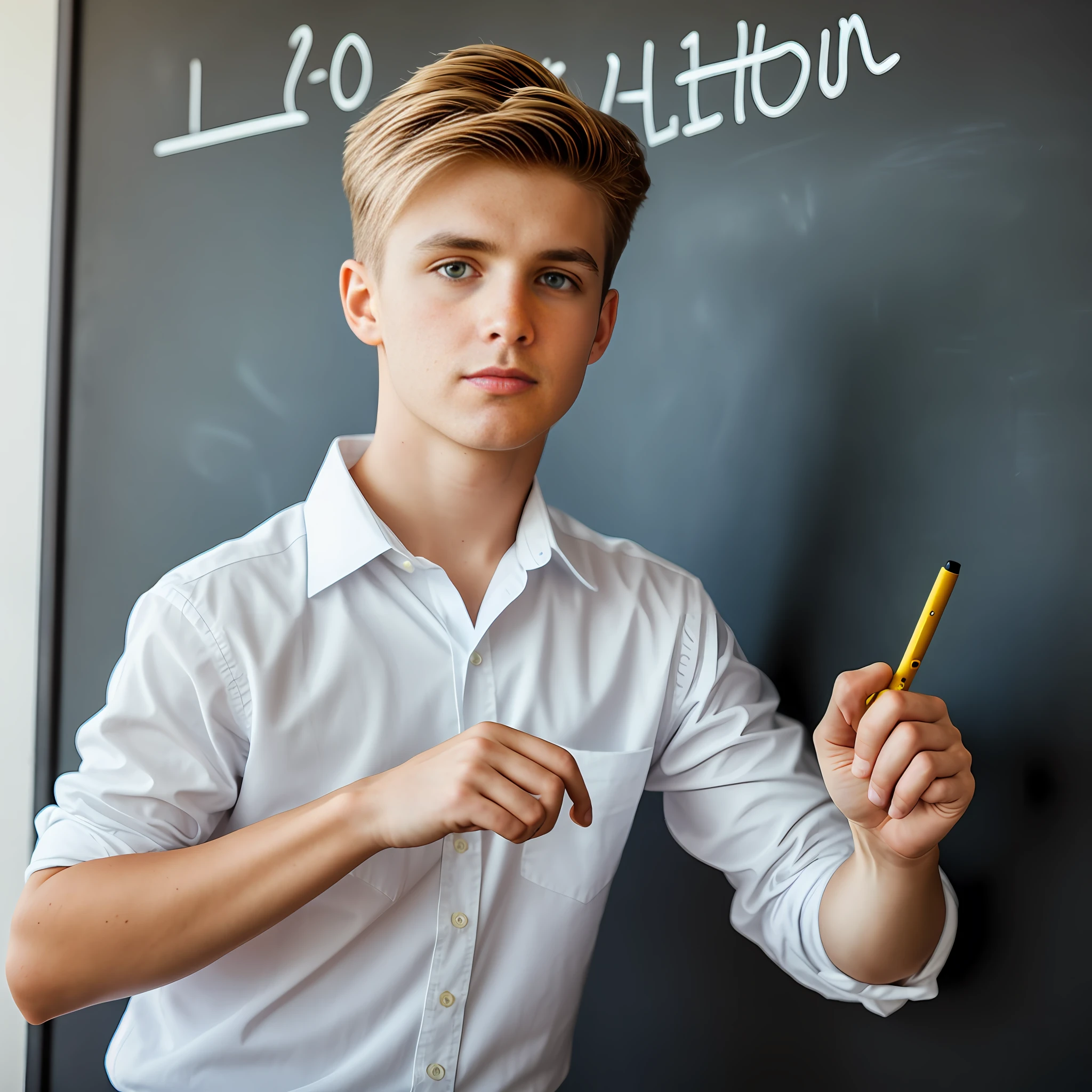 an attractive young white boy, blonde, skin texture, skin, details, natural light, sharp focus, cinematic, crystal clear, intricate details Wide vision, realistic lighting, RAW photo, (highly detailed skin: 1.2), 8k uhd, dslr, soft lighting, high quality, film grain, Arri Alexa,in the classroom, facing the blackboard giving lesson with pen in hand pointing to the blackboard.