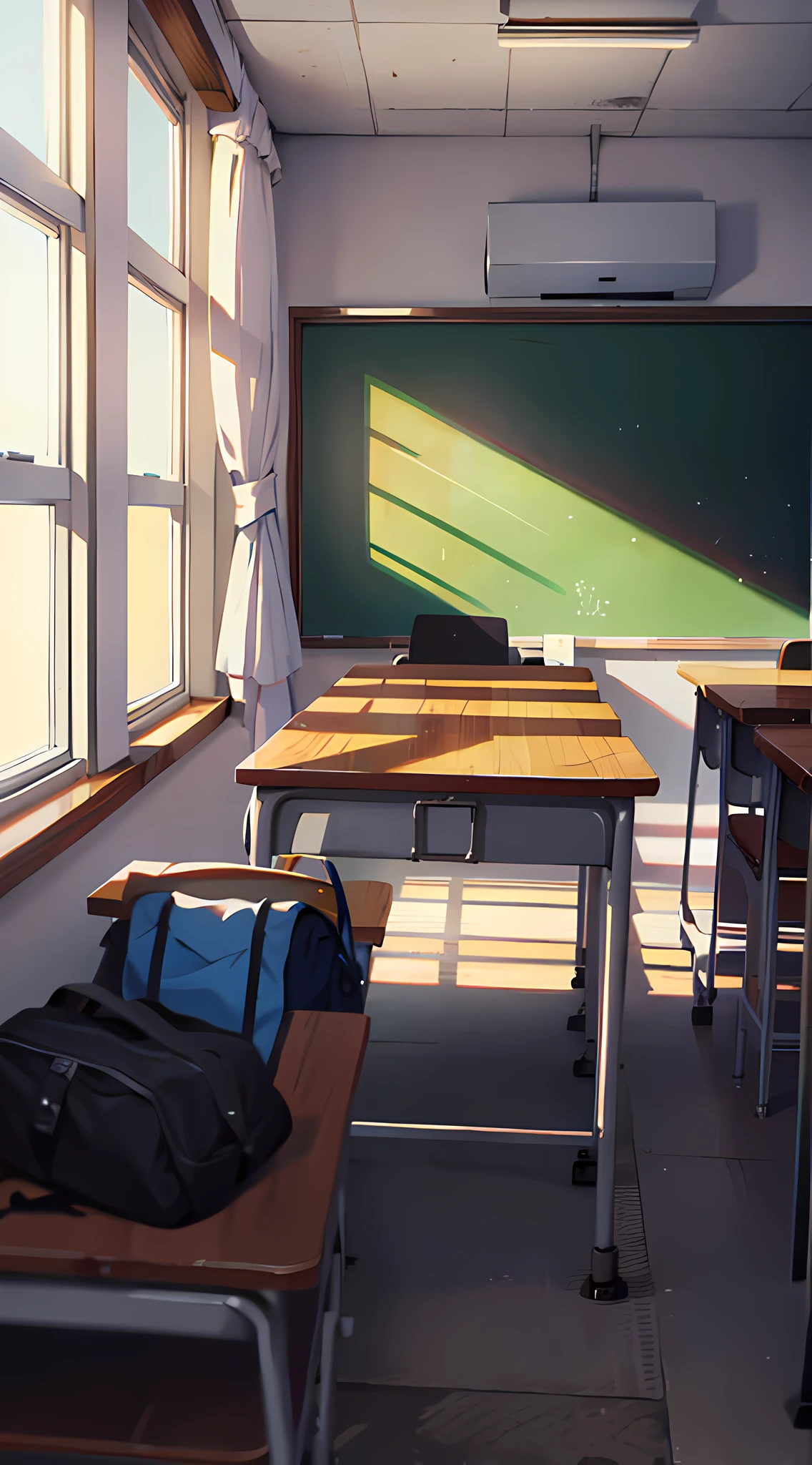 summer, classroom scene, row of desks, school bags, books, chalkboard, chalk writing, window, shade, sunlight, wide angle, best quality, 8k, perspective, depth of field, high resolution, fine detail, super detail, sharp focus