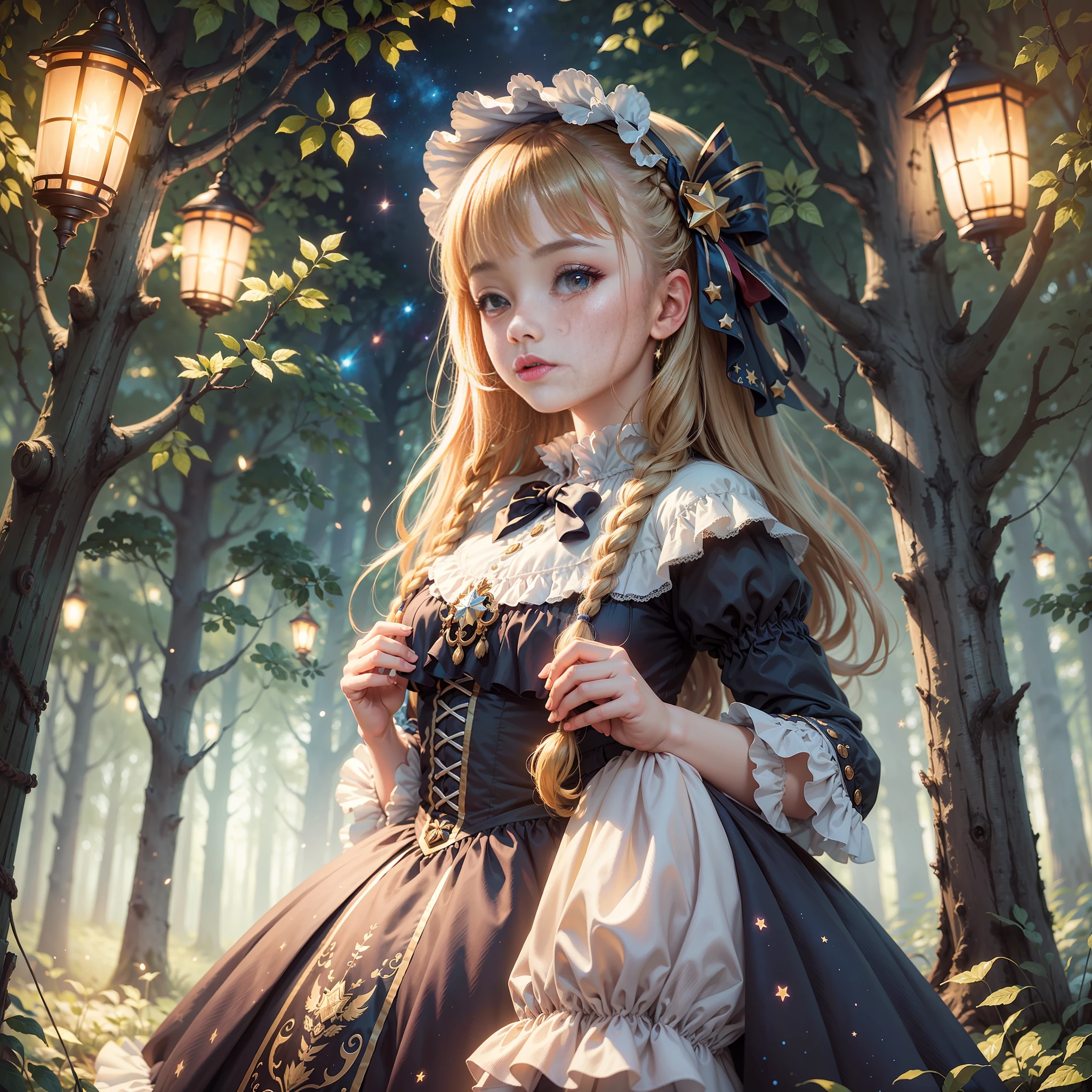 Masterpiece, Best Quality, Ultra Detailed, Illustration, Colorful, FAQ Color, Depth of Field, Lens Glow, 1girl, Firefly, Starry Sky, Lolita, Forest, Detailed Skin Texture, Fine Cloth Texture, Nice and Meticulous Face, Full Body, Scenery