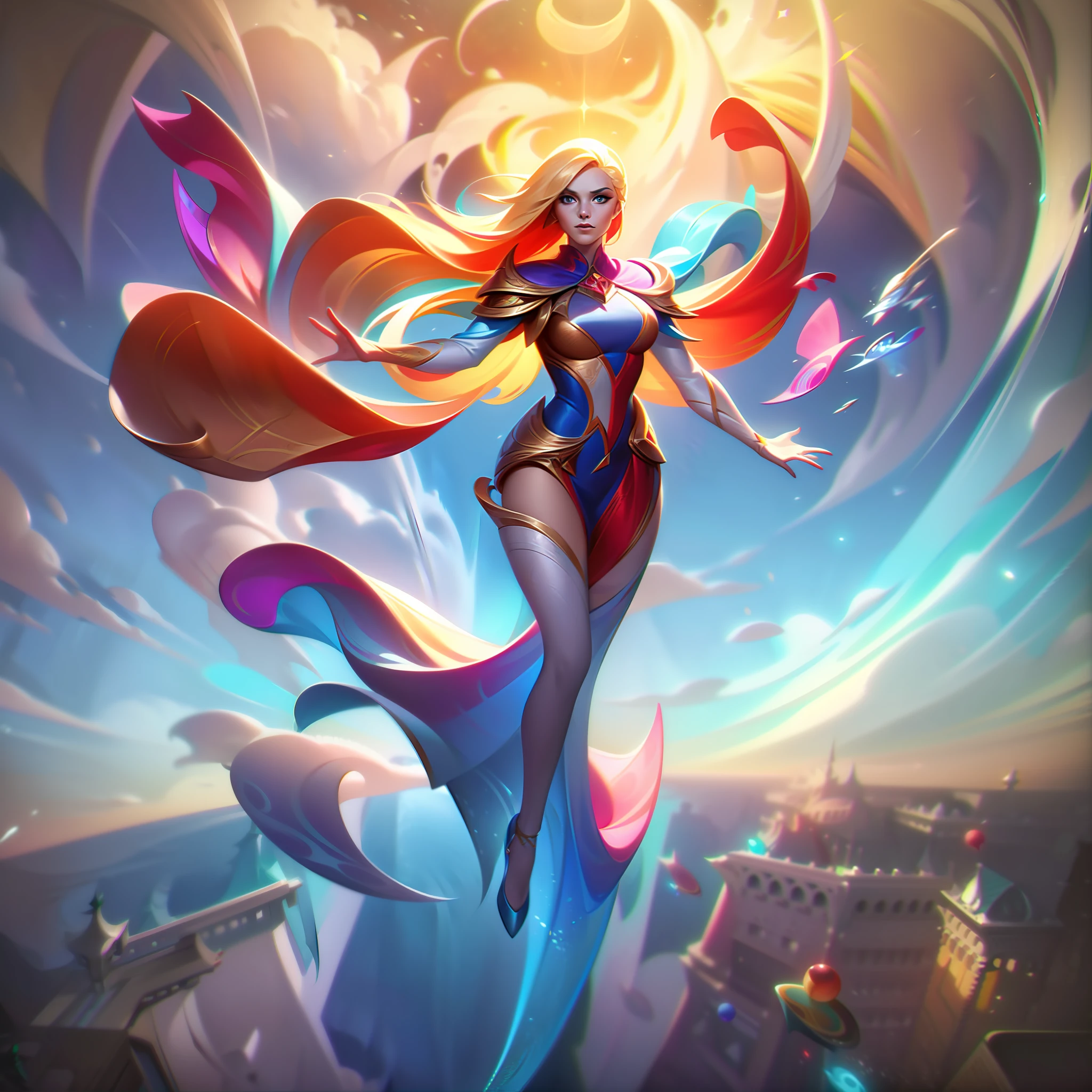 image of a blonde-haired woman flying over the ocean in majestic and colorful clothes, concept art inspired by Jules Chéret, winner of the Artstation contest, concept art, official splash art, extremely detailed art, League of Legends character art, League of Legends splashart, katarina, miss fortune, League of Legends splash art, League of Legends style art ((masterpiece,  best_quality, colorful, intricate, highres))