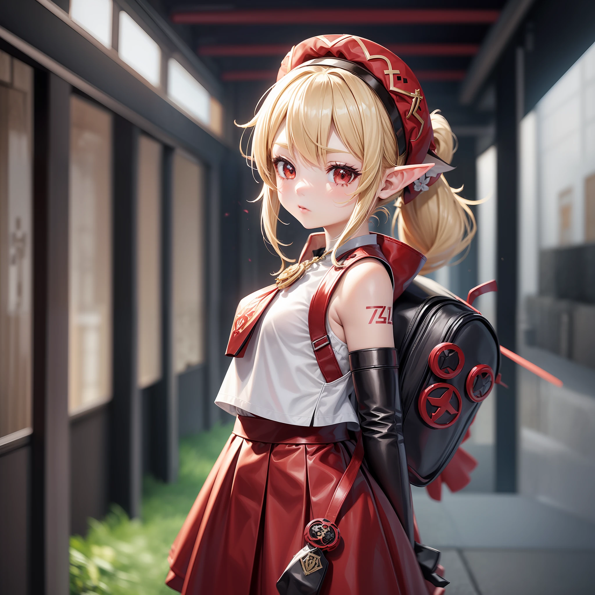 (A Girl) (Video Game Genshin Visual Impact) (Two-dimensional) Seven or eight years old, small curvy , elf ears, cream hair, student head, double ponytail, red big berets, red pupils, red skirt, brown leather backpack, cream yellow bunny pendant, brown gloves, prairie, sunny day --auto --s2