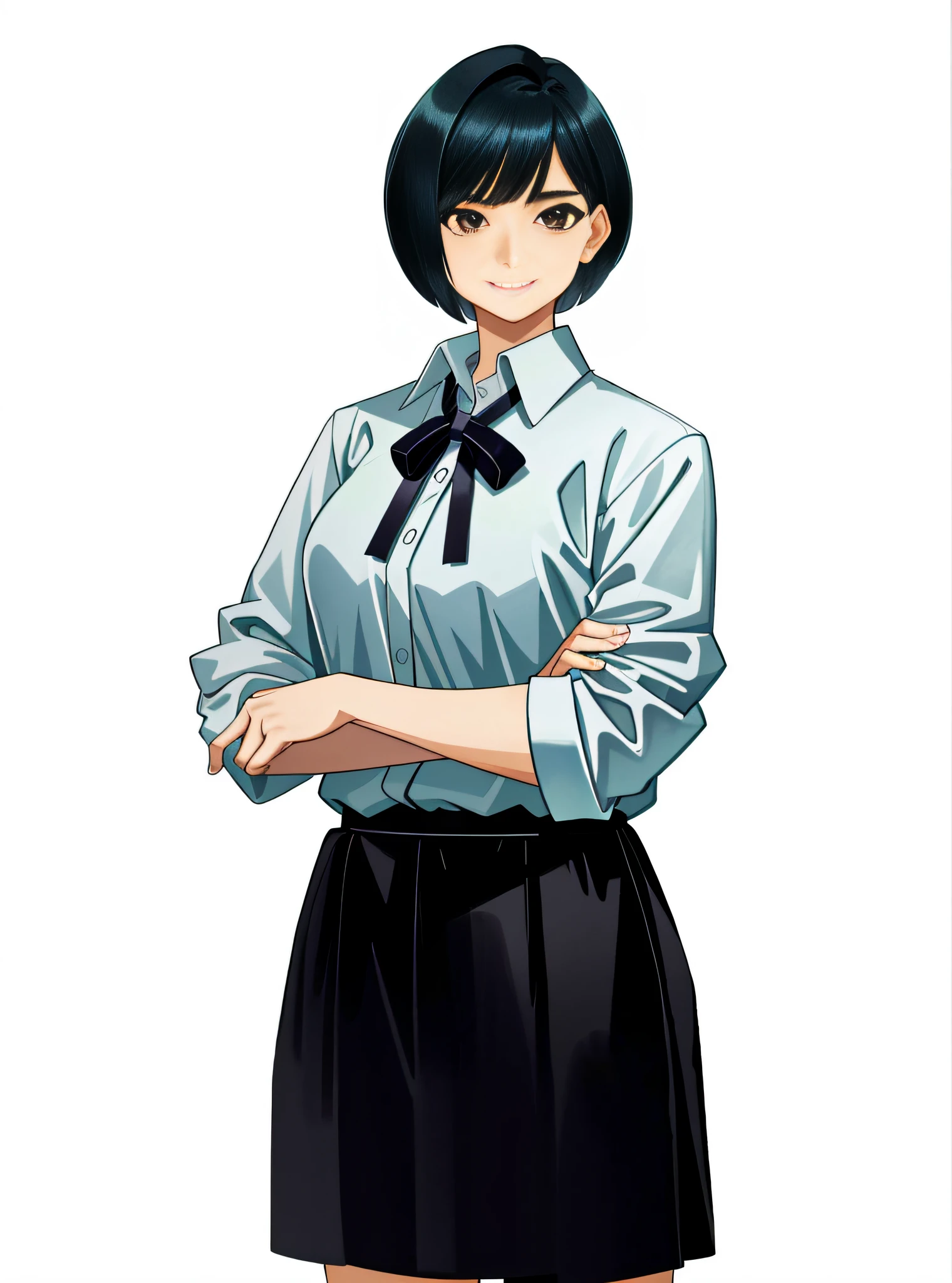 Official art, 8K wallpaper, super detailed, woman in shirt, shirt, an asian woman with arms crossed, brown eyes, melon face, high nose, short hair, smile, short skirt