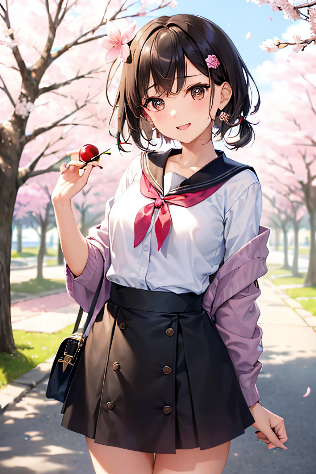 (masterpiece), (portrait), (aesthetic), (beautiful), (upper blody), (high quality), (aesthetic clothings), (professional angle), (rule of thirds), (Feminine), (woman), (female), (beautiful),(feminine features), (23 years), solo, 1 woman, (attractive Japanese), Spring, Natural light, (Cute), Fresh Makeup, (Petite bust), ((holding a Sakura Branch)), (Angle face), (Playful expression), ((Excited)), Hair Clips, Ear Piercing, ((Short hair)), (Black hair), (Pigtails hair), (Straight hair), Shiny shine hair, (Ribbons in hair), (Brown eyes), (Kawaii look), (Fair skin), (Pastel Colors clothing), (Sailor Dress), (Cardigan), (Skirt), Peter Pan neckline), ((Cherry Blossoms background)), (- in background), (Close-up shot), beautiful hands, two hands, normal hands, two arms, complete hands, beautiful body, beautiful fingers, normal fingers, five fingers, five fingers, (Thumb index meddle ring little fingers), beautiful ears, normal ears, beautiful eyes, shiny eyes, beautiful mouth, beautiful lips,