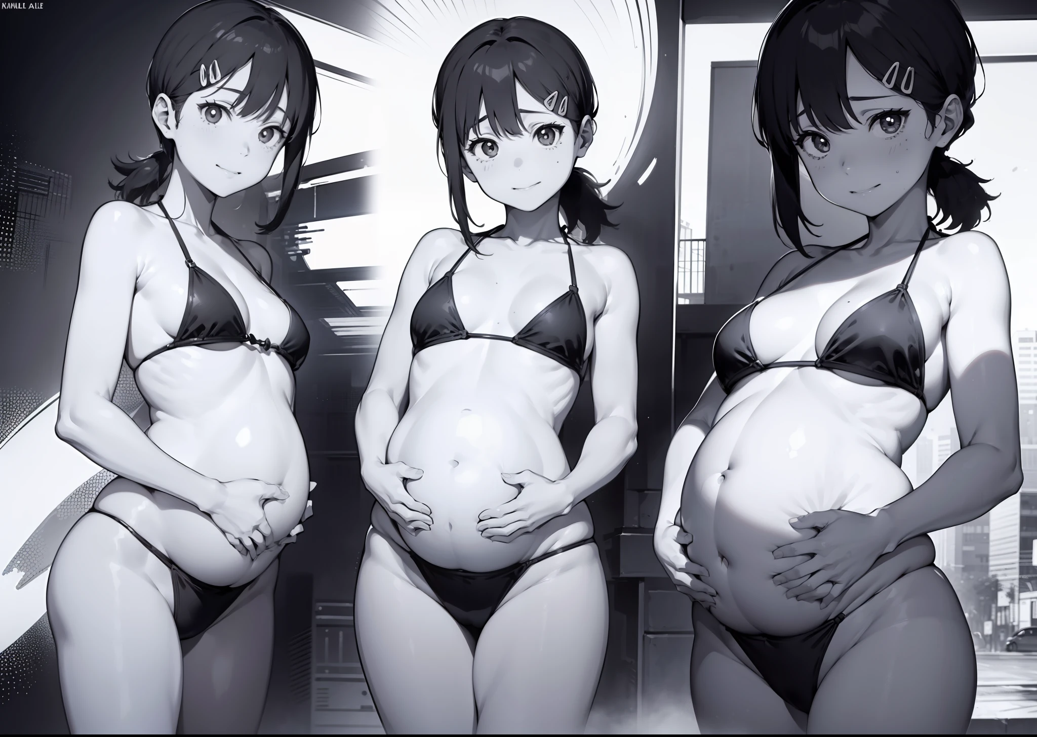 1 girl standing in front of 1girl, po, solo,, breasts,, hands on hips, smile, posing, full body, bottomless, (hands on hips), full nude,((bikini)) ,medium breasts, facing the viewer, ((lineart, monochrome)),((no background)), (white background), Kobeni,((pregnant)), best resolution, best quality, highest quality, (different poses), lineart, solo oral focus, khyle style, (character design), ( Types of expressions)