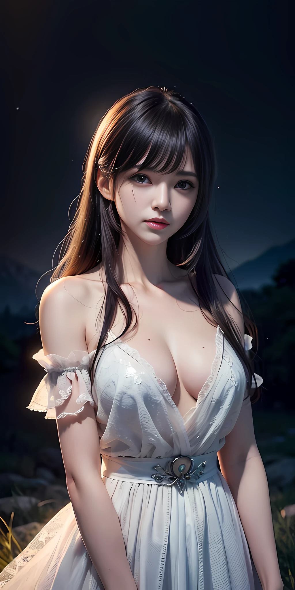 On a meadow at the top of Sapphire Mountain, (starry sky), a beautiful girl, masterpiece, absolutely beautiful, eye close-up, natural beauty, asymmetrical hair, curtain hair, hair over the shoulder, ji cut, long hair, parted bangs, bangs, slanted bangs, jewelry, tears, crying with eyes open, disappointed, despair, frustration, loneliness, frustration, sulking, worrying, sobbing, blonde, high detail, anime, depth of field, anatomically correct, textured skin, masterpiece, ccurate, high quality, high detail, super detail, Best quality, high resolution, 8k, UHD