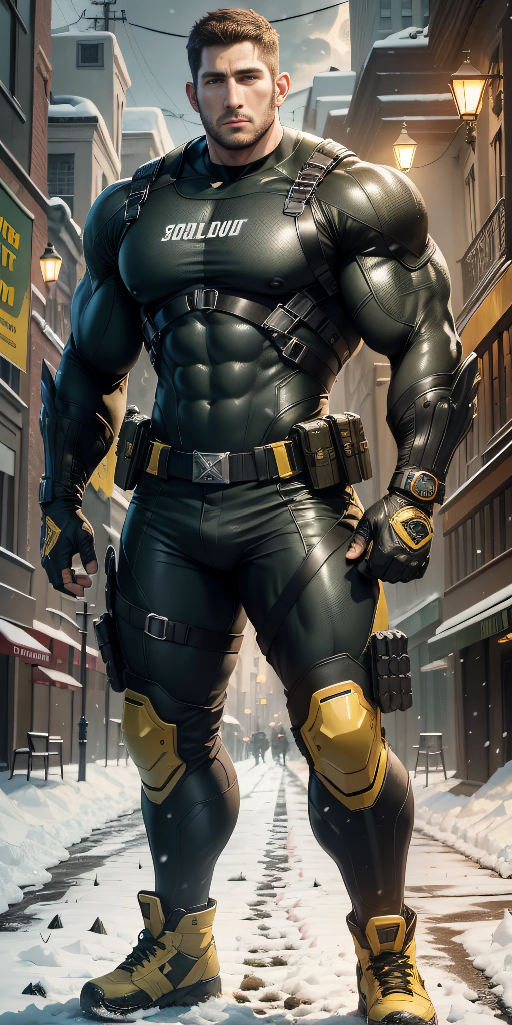 Movie poster, full body, character design (Resident Evil - Chris Redfield, Chris Redfield) wearing a yellow-black combat suit, standing alone on the snowy street, with a sad expression, deep and charming eyes, emerald-like pupils, muscle male heroes, heroic male poses, tall and burly, muscular! Sexy charming developed leg muscles, tall and burly, yellow-black combat suit, super buff and cool, high resolution committee, beige cream white combat boots, attractive strong male, bright moonlight on the body, lonely