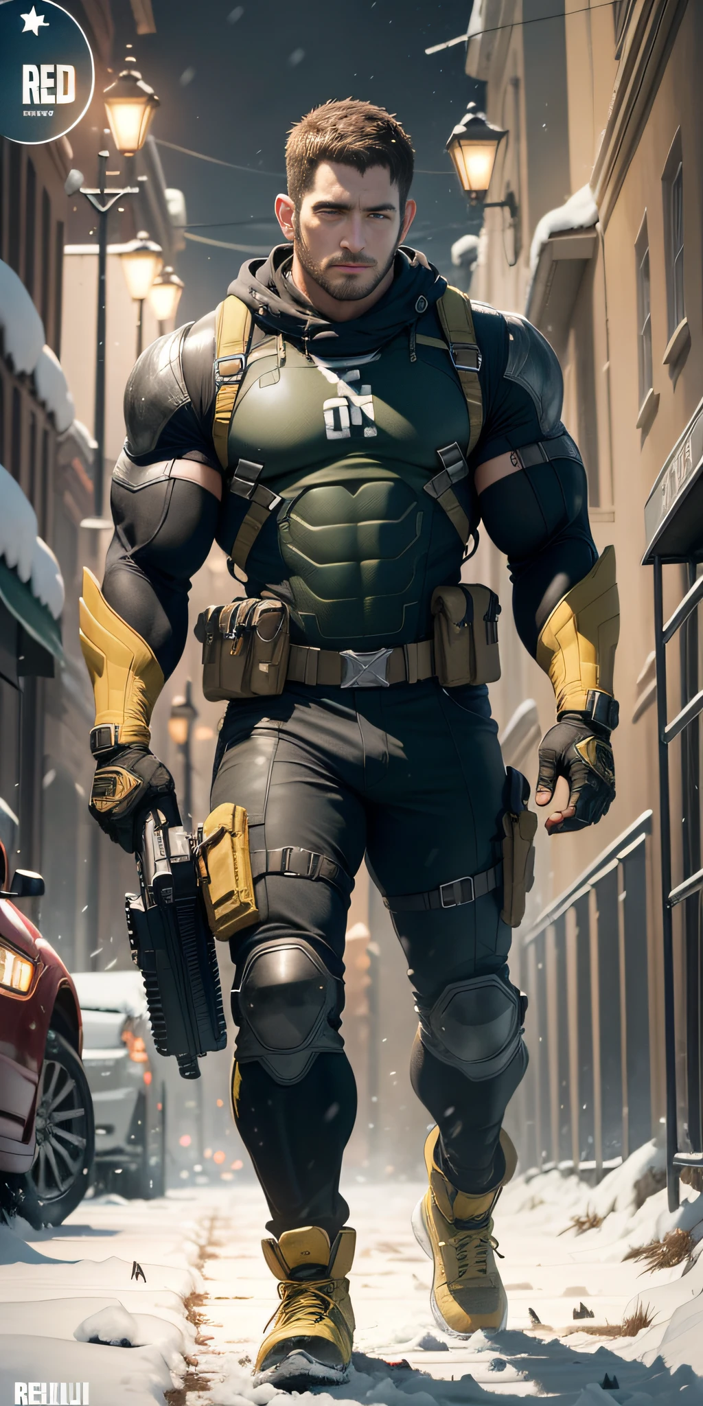 Movie poster, full body, character design (Resident Evil - Chris Redfield, Chris Redfield) wearing a yellow-black combat suit, standing alone on the snowy street, with a sad expression, deep and charming eyes, emerald-like pupils, muscle male heroes, heroic male poses, tall and burly, muscular! Sexy charming developed leg muscles, tall and burly, yellow-black combat suit, super buff and cool, high resolution committee, beige cream white combat boots, attractive strong male, bright moonlight on the body, lonely