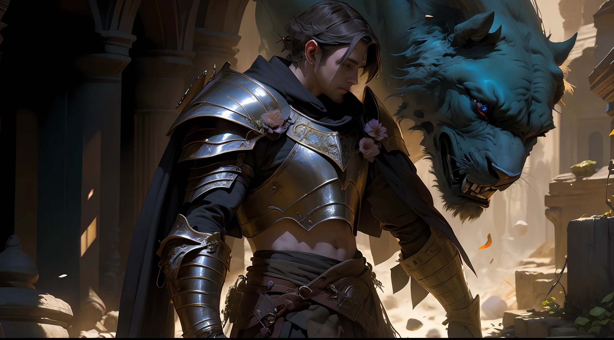 Man in armor fighting in front of ruins sad eyes, atmospheric distance sense, full body picture, epic fantasy digital art style, epic fantasy art style HD, epic fantasy art style, detailed fantasy digital art, epic fantasy style art, epic exquisite character art, 4K fantasy art, 2. 5 D CGI anime fantasy artwork with man wearing a flower on his head, photo of the most beautiful artwork in the world with a soft sheen, ((epic hero fantasy, wounded hero, dynamic pose of dying on the floor, great location, majestic clutter environment)), full body 8k uniform rendering, action shots, skin pores, very dim lighting, heavy shadows, detailed, detailed face, (vibrant, photo realistic, realistic, dramatic, dark, sharp focus, 8k), (Complex: 1.4), Decadence, (High Detail: 1.4), Digital Painting, Octane Rendering, ArtStation, Concept Art, Smooth, Sharp Focus, Illustration, Artgerm Art, (Loish:0.23), Wlop Ilya Kuvshinov, and Greg Rukowski and Alphonse Mucha Gracias, (Global illumination, studio light, volumetric light), particle floating,