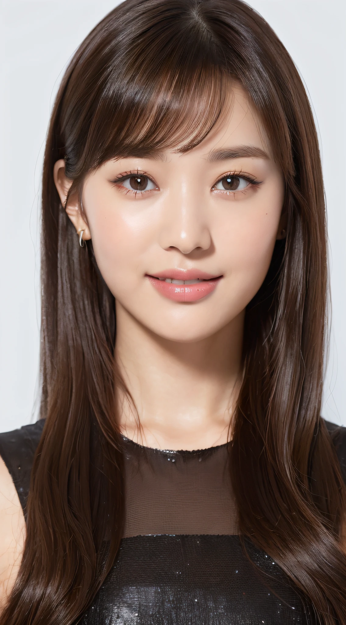 ((top quality, 8k, masterpiece: 1.3)), 1 girl, smile, full body, slim face, pretty woman, (dark brown hair), full-length dress: 1.1, ultra detailed face, detailed eyes, double eyelids, white background, long hair with bangs,