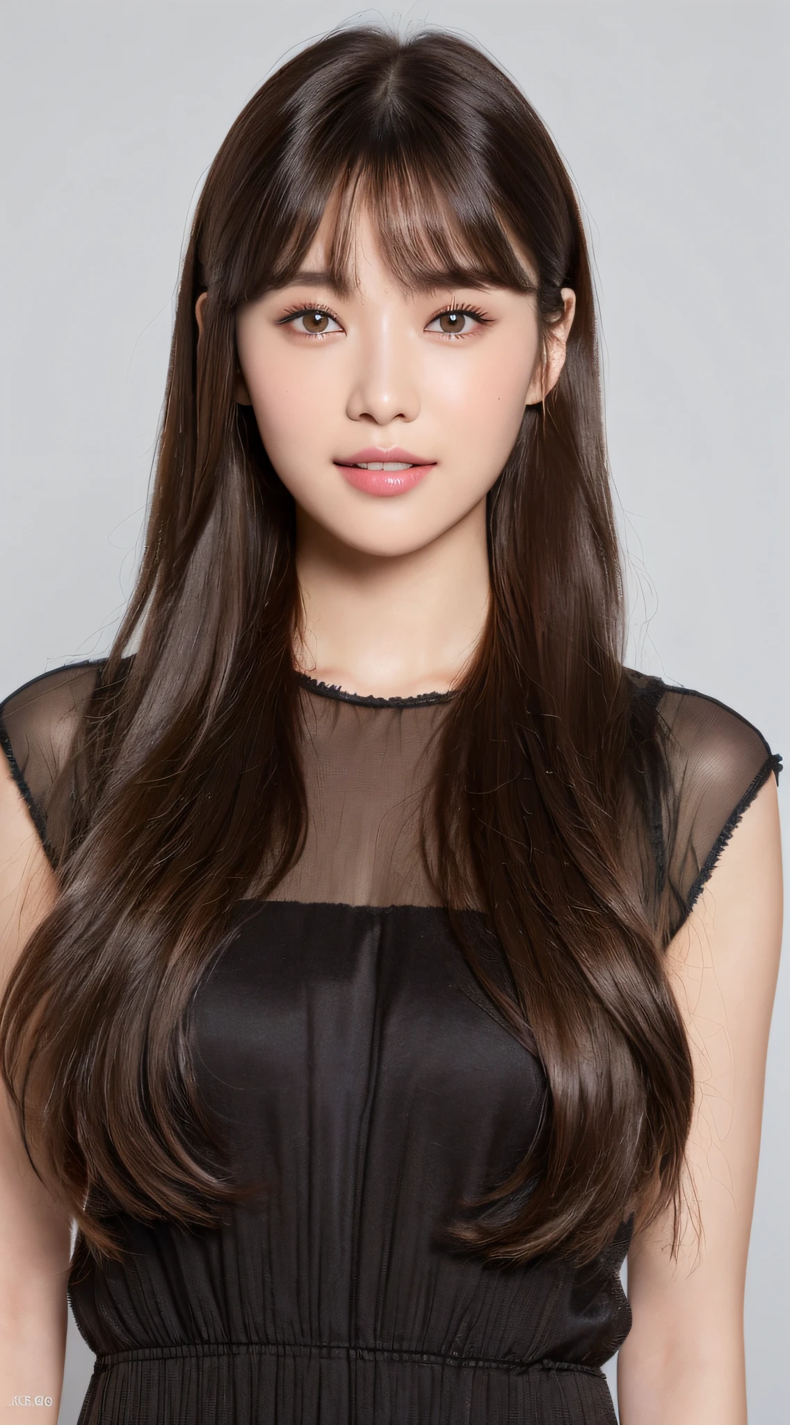 ((top quality, 8k, masterpiece: 1.3)), 1 girl, smile, full body, slim face, pretty woman, (dark brown hair), full-length dress: 1.1, ultra detailed face, detailed eyes, double eyelids, white background, long hair with bangs,