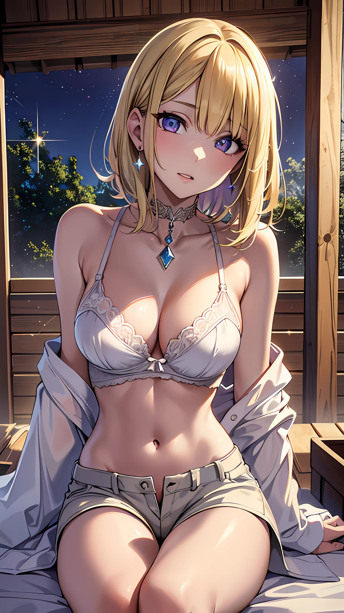 Realistic, Hyper Detail, Girls Only, one side short layered bob, Dynamic Lighting, ((sitting,open legs)), (Glossy skin: 1.5), Masterpiece, Top Quality, Absurdity, Watching Viewer, ((Blonde:0,7) and (light purple inner color:0.3) Hair), deep Purple Clear Eyes,((Beautiful, detailed eyes, jewel-like eyes, sparkling eyes:1.3)), Slender, High Resolution, Sharp Focus, Depth of Field, Detail Eyes, Sharp Eyes, (Realistic Eyes)), outdoors, sunrise sky,Open-air bath of a long-established hot spring inn,(beige bra with crotch open sexy shorts): 1.5)