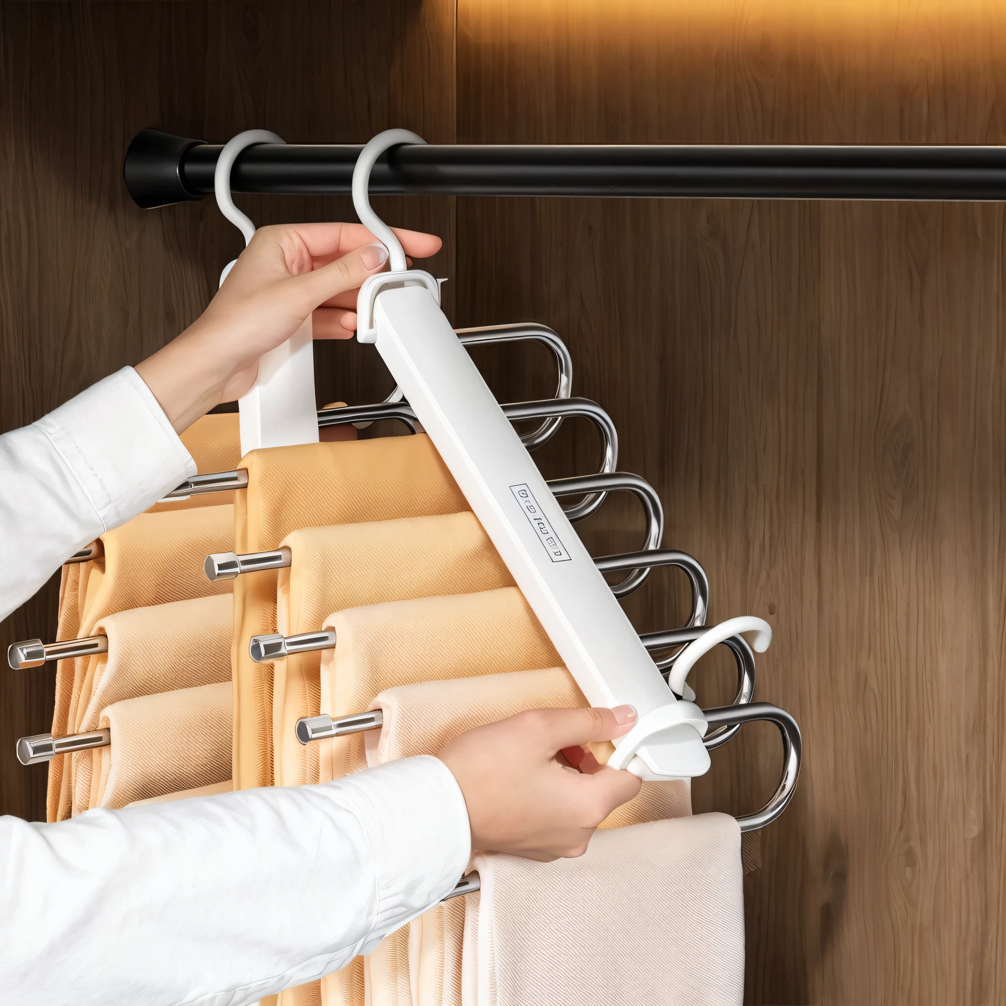 someone is holding a rack with a bunch of clothes hanging on it, easy to use, bottom angle, easy to understand, high deatil, with a bunch of stuff, designer product, product photo, vertical orientation, different colors, layered, multiple, crisp smooth clean lines, handsome, 360º, unbeatable quality, creative, spring season