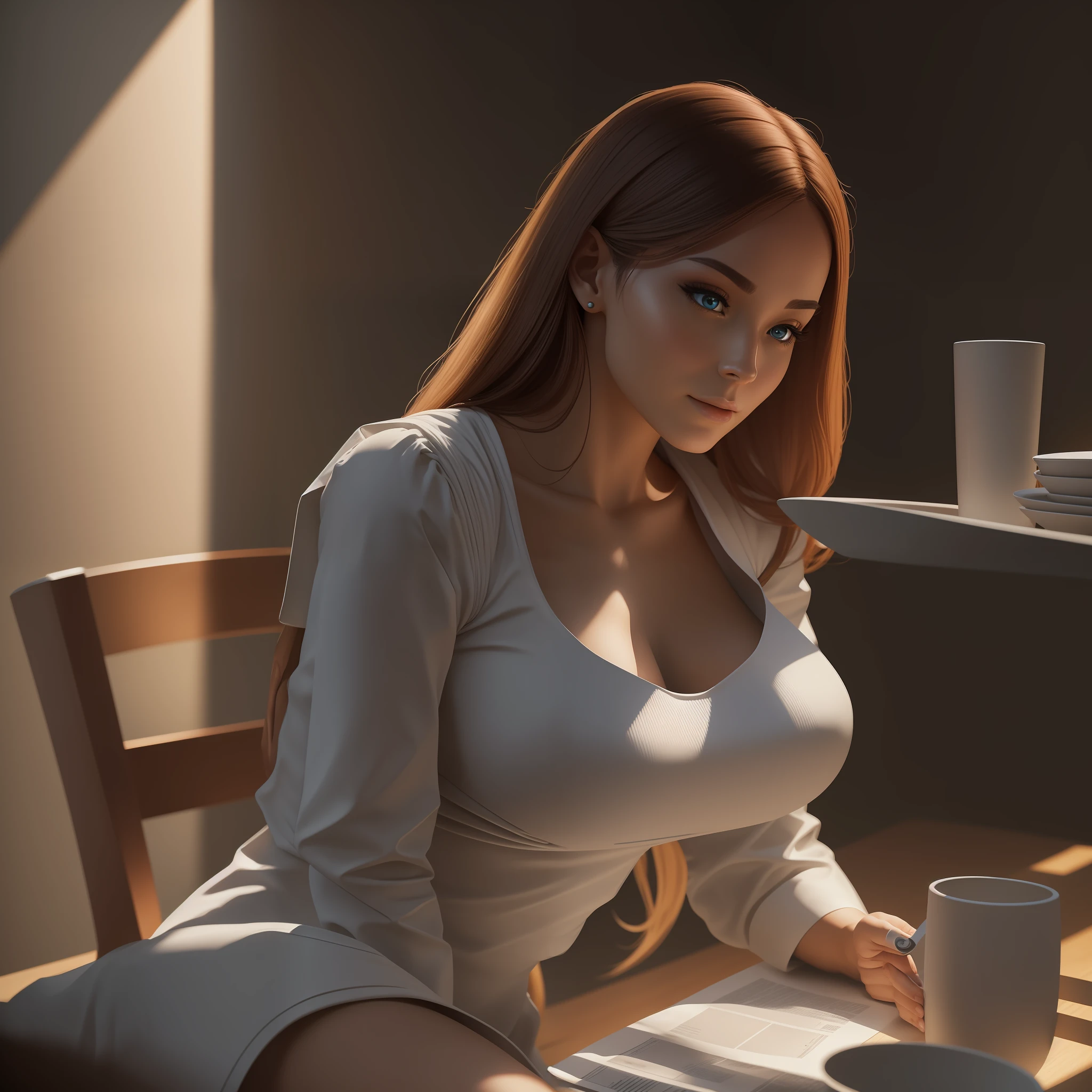 an android woman, with domestic theft, serving a table for lunch, her master is sitting reading newspaper, perfect lighting, perfect body, detailed, professional photography, realistic, 8k, masterpiece