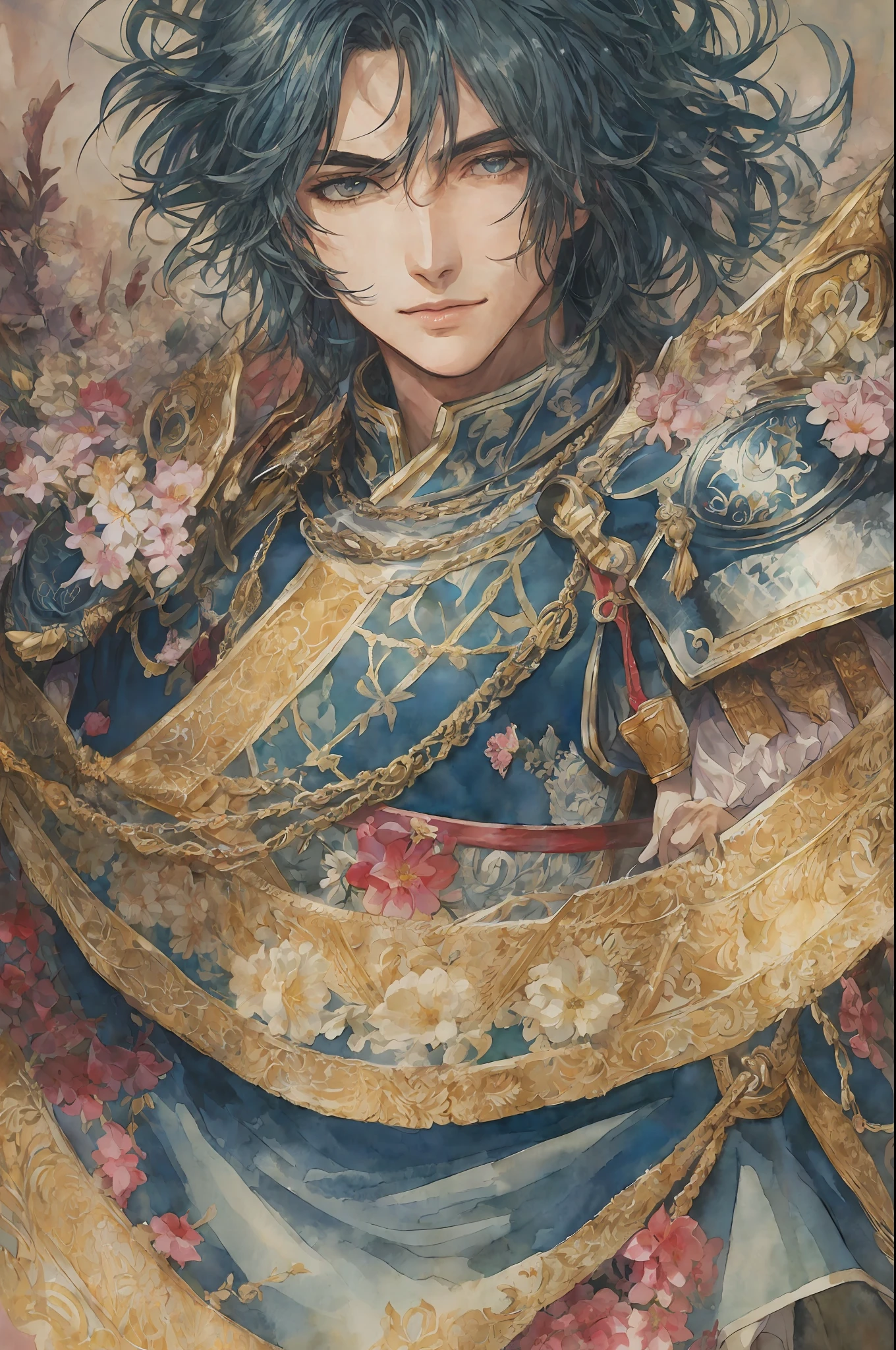 (masterpiece, top quality, high resolution, watercolor illustration, super detail), two friendly men, young man, knight, muscular, strong, uniform, royalty, armor, art made by professional artists, the artwork is a masterpiece, the perspective of the characters was drawn perfectly, highly detailed clothes, visually stunning background, good-looking clothes, highly detailed hair, a sense of unity and harmony, volume lighting, depth, detailed shading of figures, detailed highlights portrait drawing, perfect person, excellent figure drawing, good looking realistic lighting, best light placement, highly detailed clothing, stylized, aesthetic, excellent eye details, flowers, fantasy, comic art, trends on pixiv, portraits,