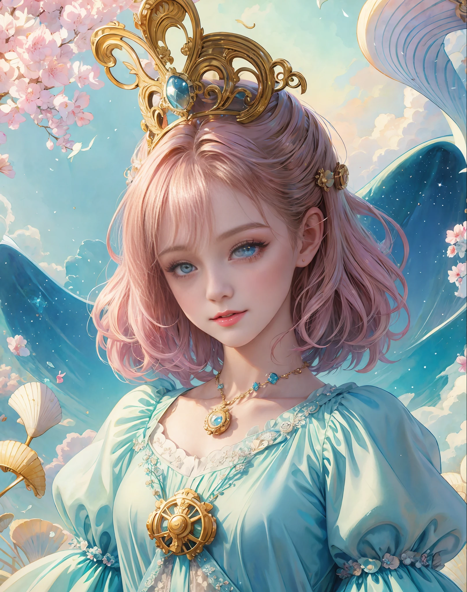 Princess girl with wing, Blue, Pastel, glitter, dramatic, dreamy, pastel, Watercolor, Whimsical, Delicate, seashell crown, Trending on Artstation, Highly detailed, Intricate, Portrait, digital painting, Fantasy theme, Fantasy robes, Fantasy concept art, Fantasy character art, Smug, Teenage girl, perfect body, full body, dreamy, pastel, Watercolor, Whimsical, Delicate, seashell crown, art by loish and lois van baarle, Trending on Artstation, Highly detailed, Intricate, Portrait, digital painting, (Cinematic Photo:1.3) of (Realistic:1.3),(Amusing:1.3) chibi, constellation, (1girl, solo:1.2), (chibi:1.3), eyeliner, eyelashes, looking at viewer, (shiny skin:0.16), (pale skin:0.33), (body blush:0.38), eyes beautiful, anime, realistic, masterpiece, best quality, movie still, cloud girl, floating in the sky, (close-up:1.1), bright, happy, fun, soft lighting,Highly Detailed,(Art Nouveau:1.3),(Baroque Art:1.3),(80s Art:1.3),naturalism,land Art,regionalism,shutterstock contest winner,trending on unsplash,featured on Flickr