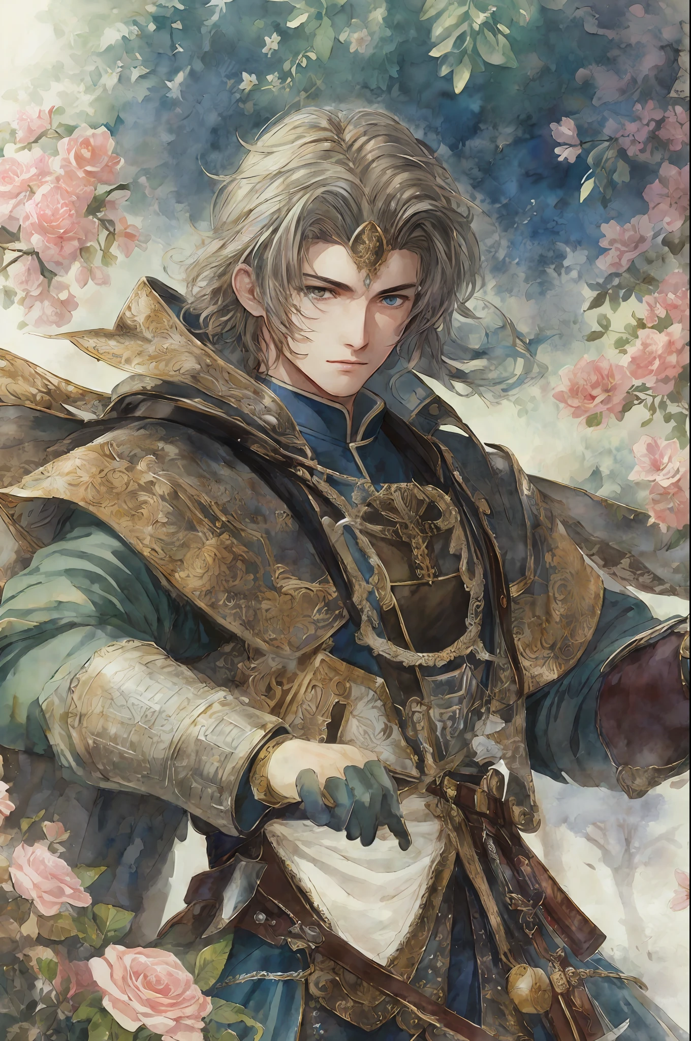 (masterpiece, top quality, high resolution, watercolor illustration, super detail), two friendly men, young man, knight, muscular, strong, uniform, royalty, armor, art made by professional artists, the artwork is a masterpiece, the perspective of the characters was drawn perfectly, highly detailed clothes, visually stunning background, good-looking clothes, highly detailed hair, a sense of unity and harmony, volume lighting, depth, detailed shading of figures, detailed highlights portrait drawing, perfect person, excellent figure drawing, good looking realistic lighting, best light placement, highly detailed clothing, stylized, aesthetic, excellent eye details, flowers, fantasy, comic art, trends on pixiv, portraits,