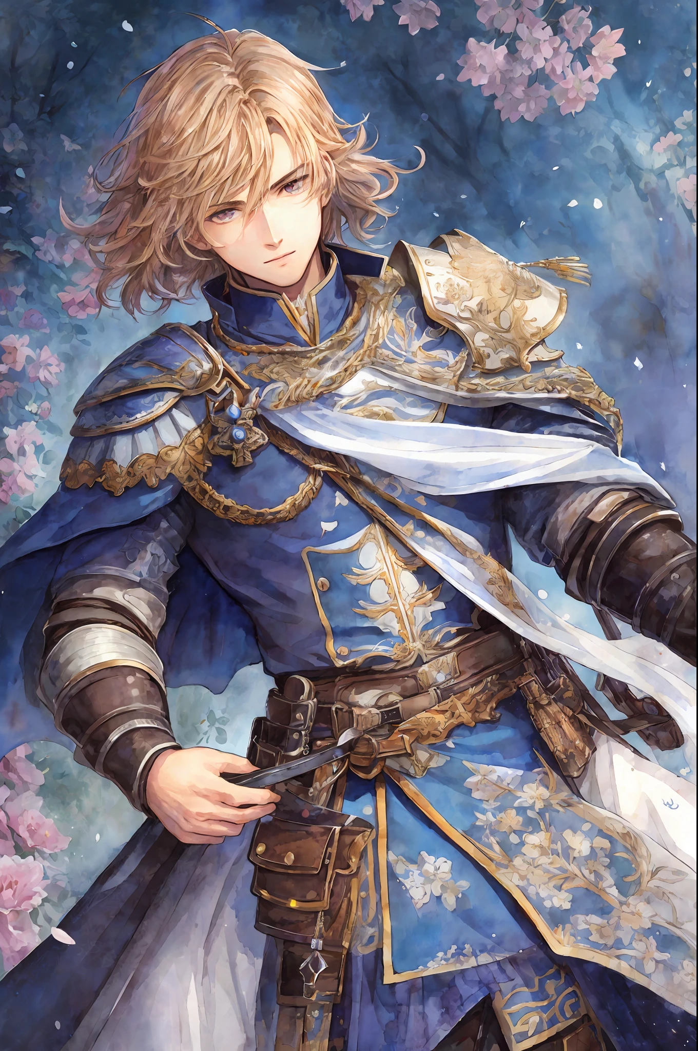 (masterpiece, top quality, high resolution, watercolor illustration, super detail), two friendly men, young man, knight, muscular, strong, uniform, royalty, armor, art made by professional artists, the artwork is a masterpiece, the perspective of the characters was drawn perfectly, highly detailed clothes, visually stunning background, good-looking clothes, highly detailed hair, a sense of unity and harmony, volume lighting, depth, detailed shading of figures, detailed highlights portrait drawing, perfect person, excellent figure drawing, good looking realistic lighting, best light placement, highly detailed clothing, stylized, aesthetic, excellent eye details, flowers, fantasy, comic art, trends on pixiv, portraits,