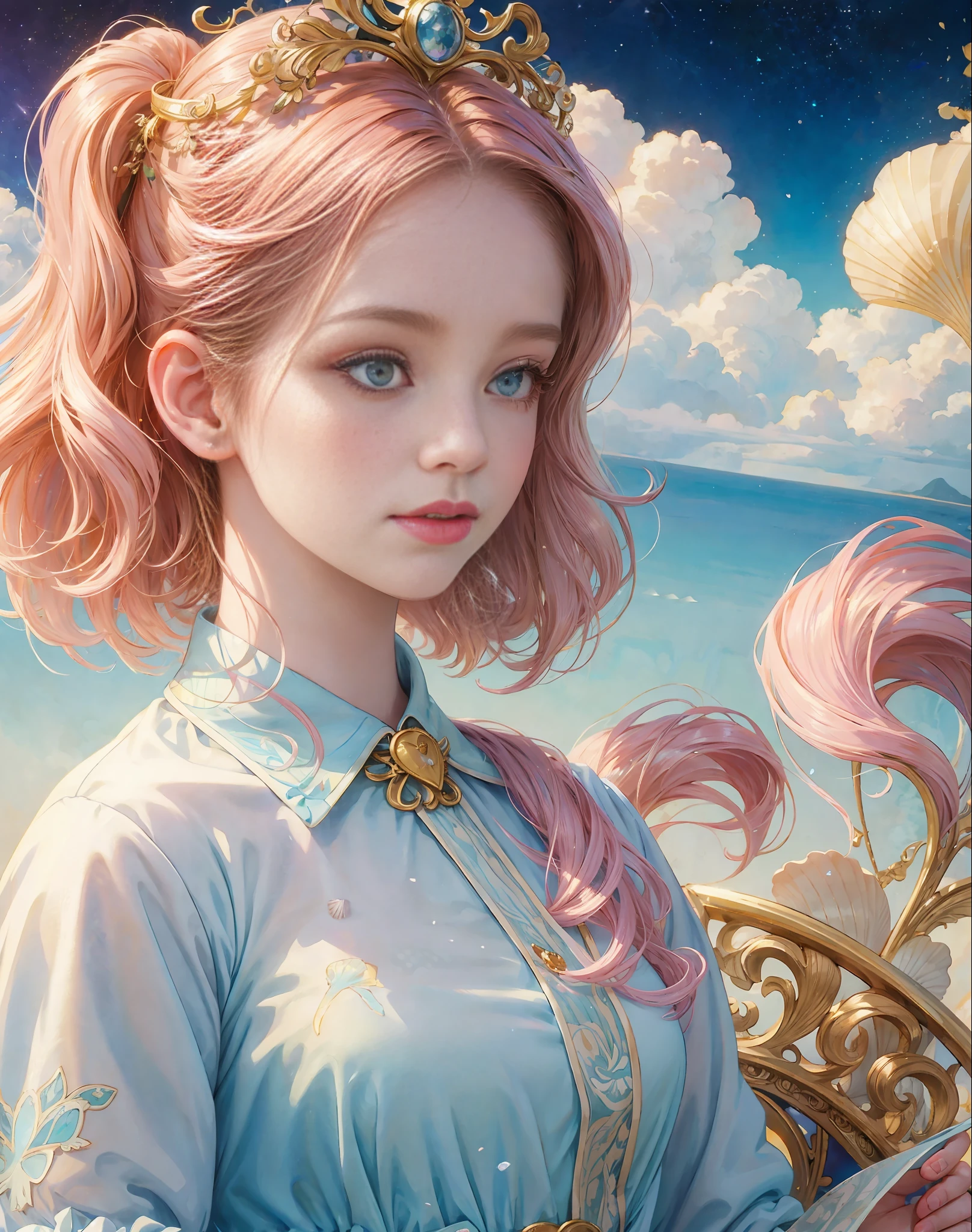 Princess girl with wing, Blue, Pastel, glitter, dramatic, dreamy, pastel, Watercolor, Whimsical, Delicate, seashell crown, Trending on Artstation, Highly detailed, Intricate, Portrait, digital painting, Fantasy theme, Fantasy robes, Fantasy concept art, Fantasy character art, Smug, Teenage girl, perfect body, full body, dreamy, pastel, Watercolor, Whimsical, Delicate, seashell crown, art by loish and lois van baarle, Trending on Artstation, Highly detailed, Intricate, Portrait, digital painting, (Cinematic Photo:1.3) of (Realistic:1.3),(Amusing:1.3) chibi, constellation, (1girl, solo:1.2), (chibi:1.3), eyeliner, eyelashes, looking at viewer, (shiny skin:0.16), (pale skin:0.33), (body blush:0.38), eyes beautiful, anime, realistic, masterpiece, best quality, movie still, cloud girl, floating in the sky, (close-up:1.1), bright, happy, fun, soft lighting,Highly Detailed,(Art Nouveau:1.3),(Baroque Art:1.3),(80s Art:1.3),naturalism,land Art,regionalism,shutterstock contest winner,trending on unsplash,featured on Flickr