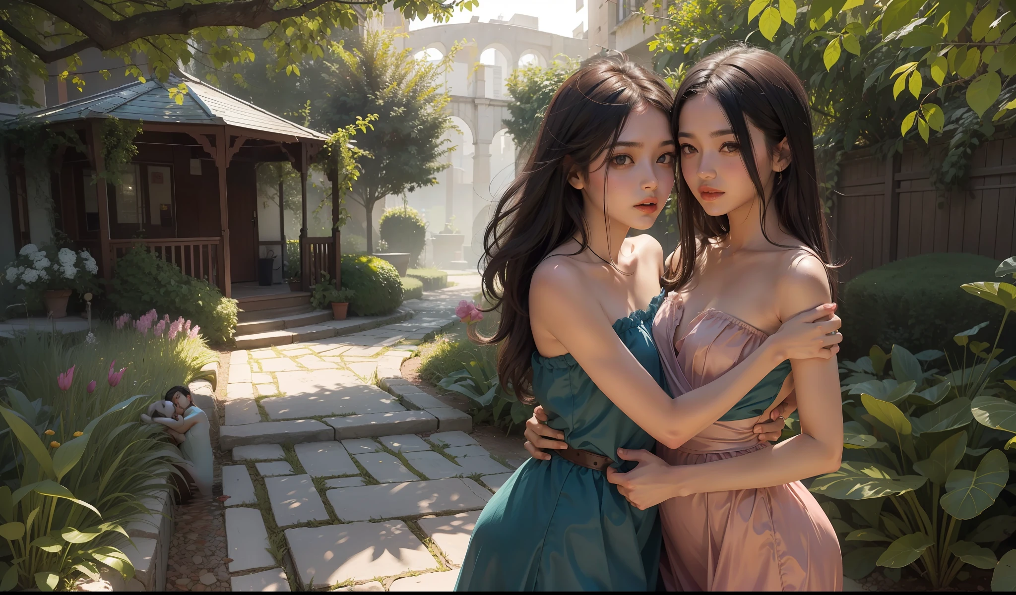 concept art, small chest, hips, look at viewer, standing in center, SEDUCTIVE, shy blush face, sexual expression, 5 Indian girls, girls, , lesbian, sexual hugging each other's, pulling dresses, lips on lips, kissing sexual, wearing sexy long small strapless dress, bare shoulder, chest exposed, unconcerned, NSFW, quality, contrast, dark, little chubby, in beautiful garden,