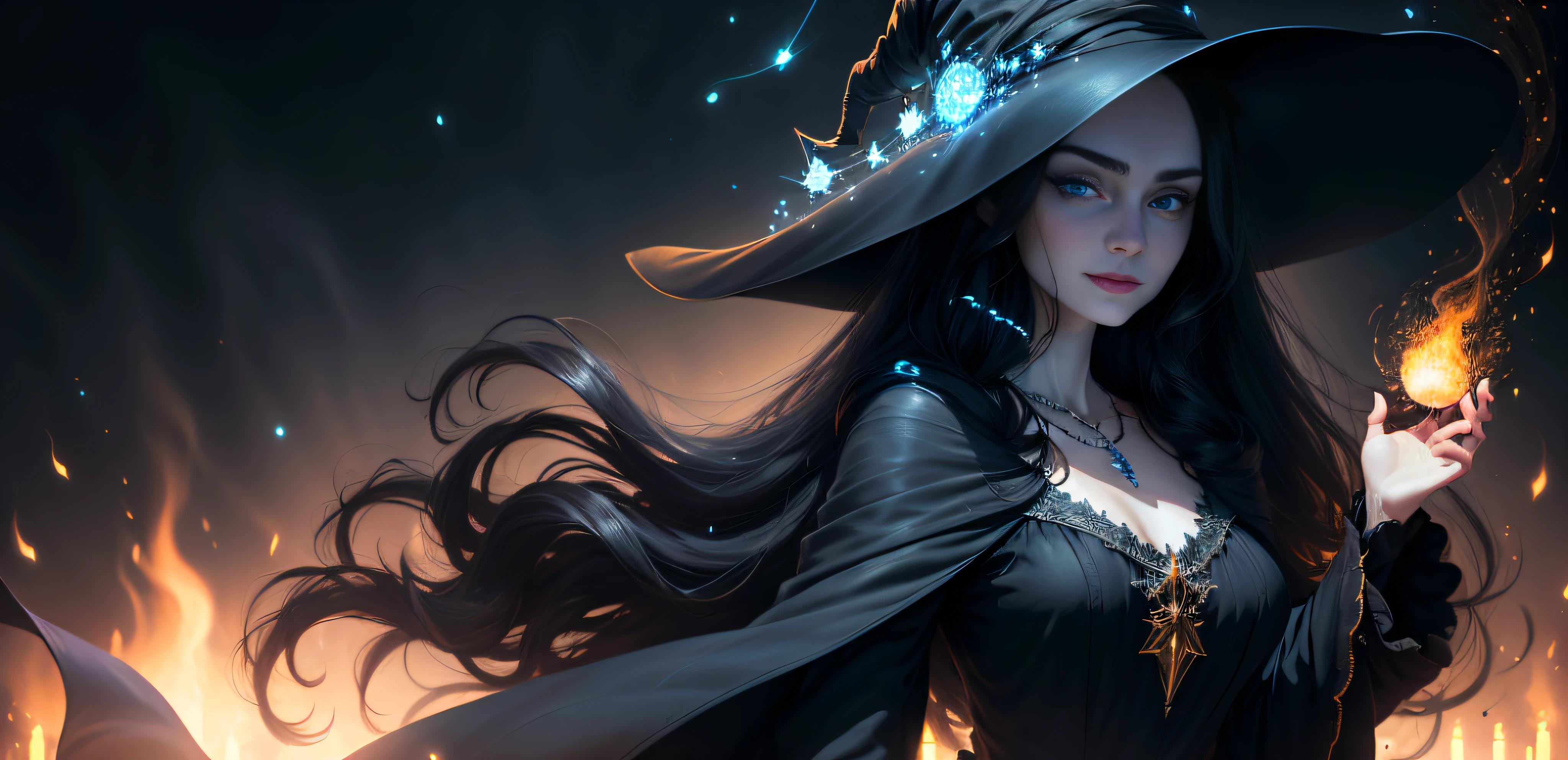 Face of perfect proportions, realistic expression, large face, long black hair, witch hat, blue eyes, pale white skin, beautiful woman in black robes with intricate decorations, witch, confident expression (dynamic angle, dazzling blue eyes, delicate necklace, charming smile), (magical mystical background, fireflies, glowing yellow particles, ethereal fog, faint darkness), high saturation, movie light, edge light, best shadow, night cityscape