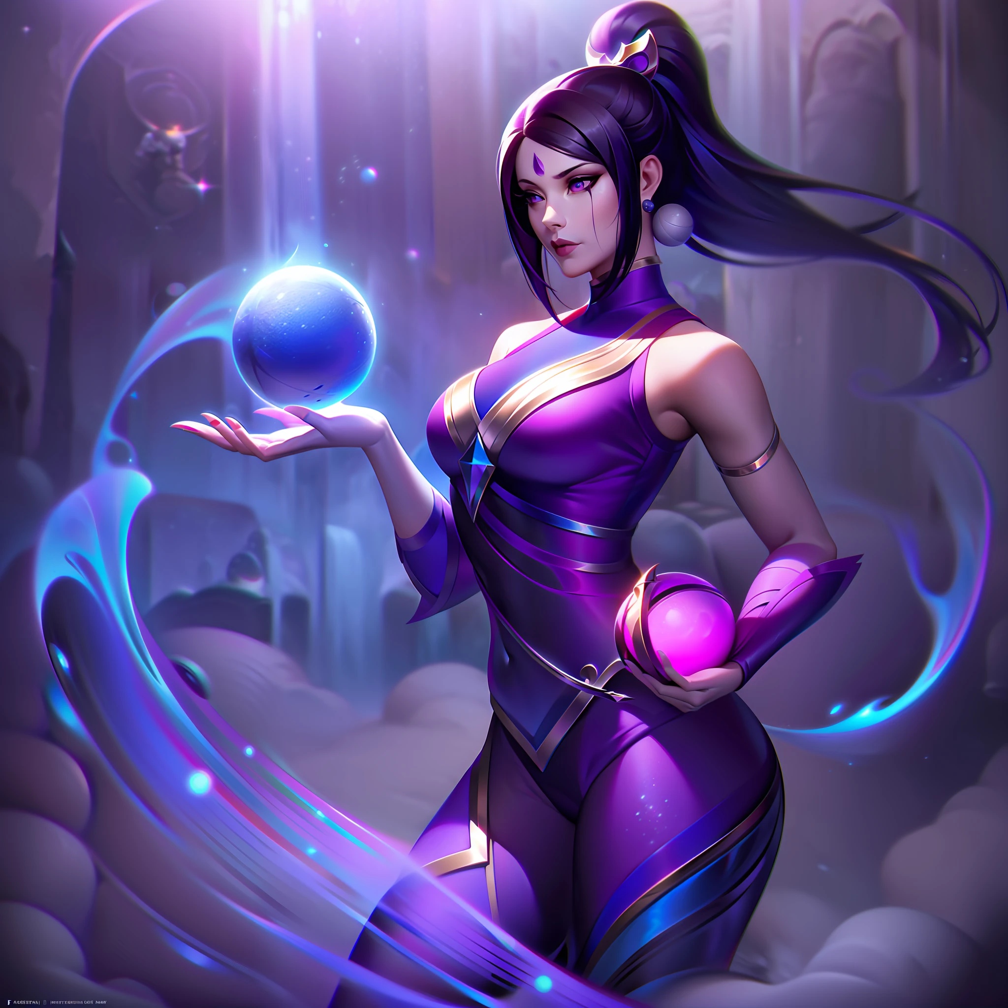 arafed woman in a purple outfit holding a blue ball in her hand, concept art inspired by Li Mei-shu, trending on Artstation, furry art, ahri, portrait of ahri, ahri from league of legends, league of legends art, splash art, league of legends splash art, official splash art, league of legends character art