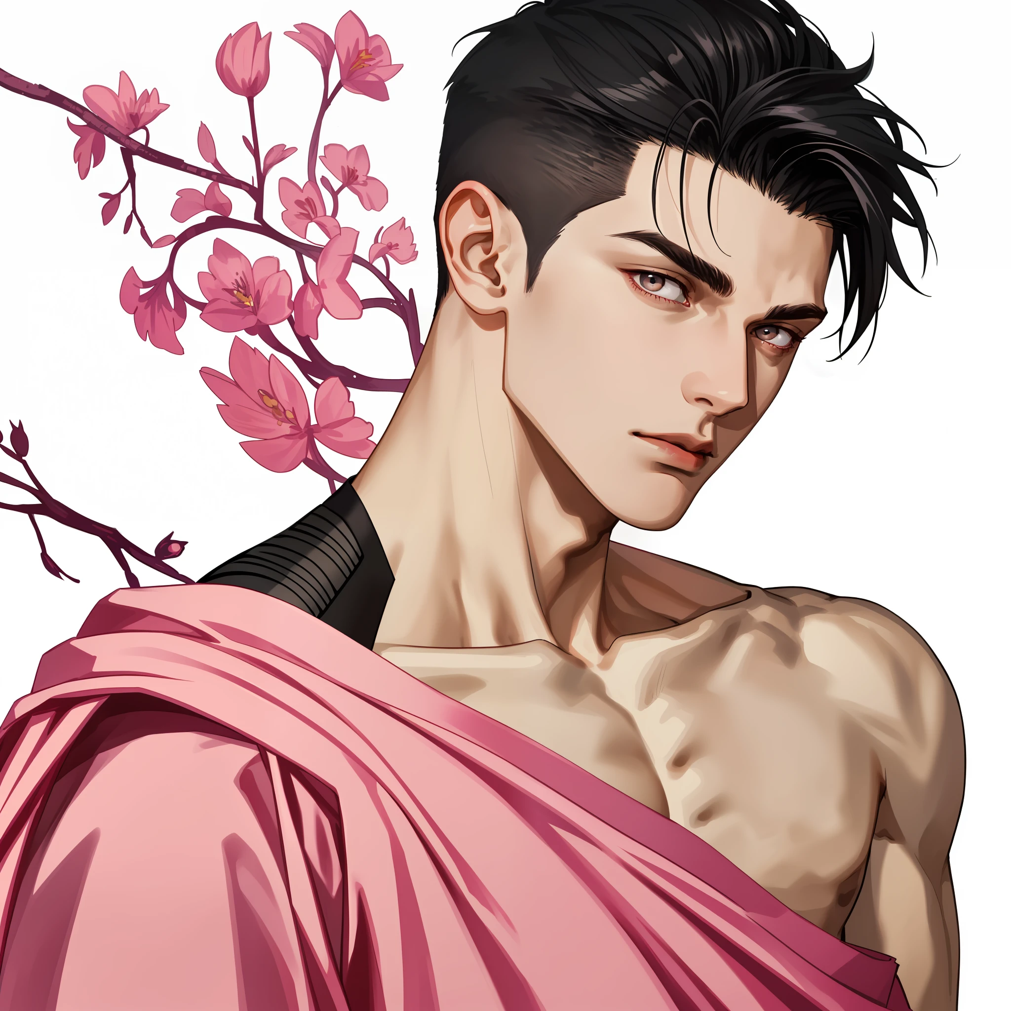 Young man posing, gorgeous, muscular, black-eyed, shirtless, short dark hair undercut cut style disconnected, on a white background, black crown on his head, pink details
