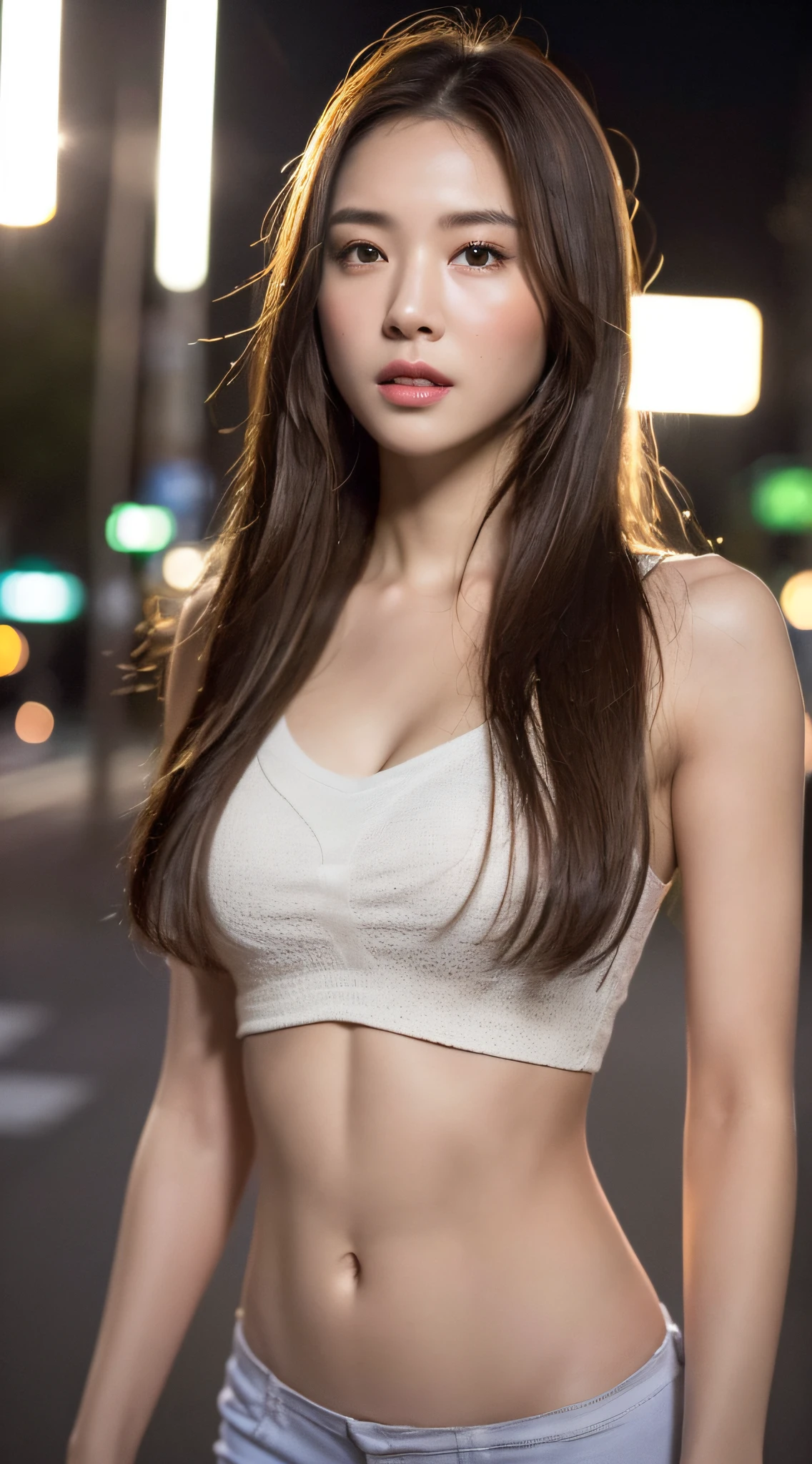 ((Realistic lighting, Best quality, 8K, Masterpiece:1.3)), Clear focus: 1.2, 1girl, Perfect Beauty: 1.4, Slim Abs: 1.1, ((Long dark brown hair)), (Outdoor, night: 1.1), City streets, Super fine face, Fine eyes, Double eyelids,