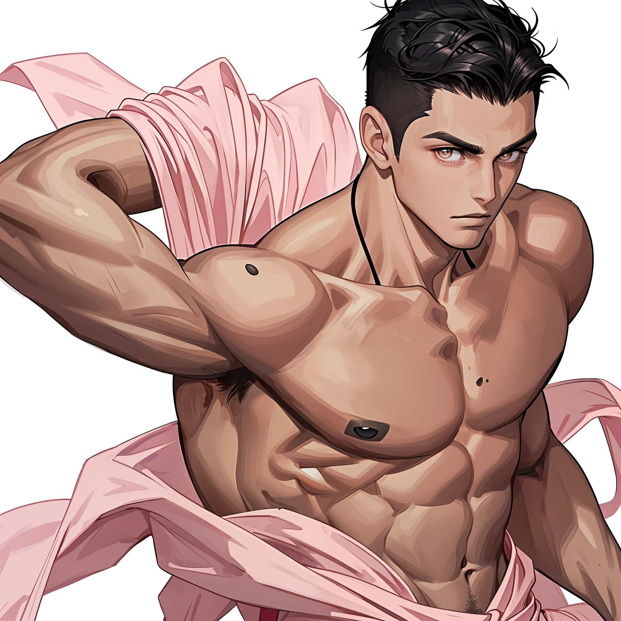 Young man posing, gorgeous, muscular, black-eyed, shirtless, short dark hair undercut cut style disconnected, on a white background, black crown on his head, pink details